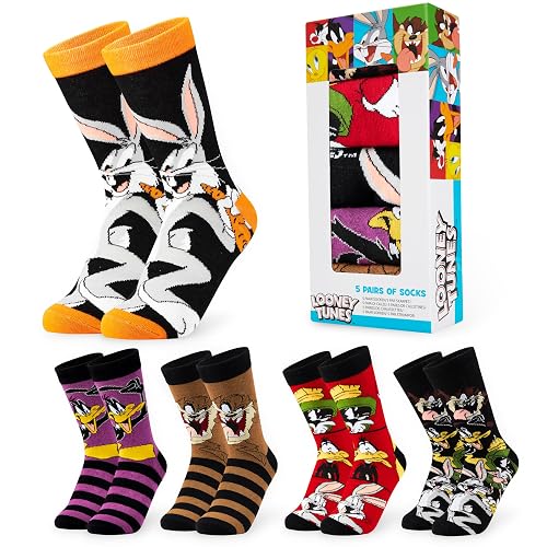 LOONEY TUNES Mens Socks Pack of 5 Crew Socks for Men Teenagers Soft Breathable Work Sports Casual Size 6-10 Mens Gifts - 6.5/10.5 UK - Black/Multi