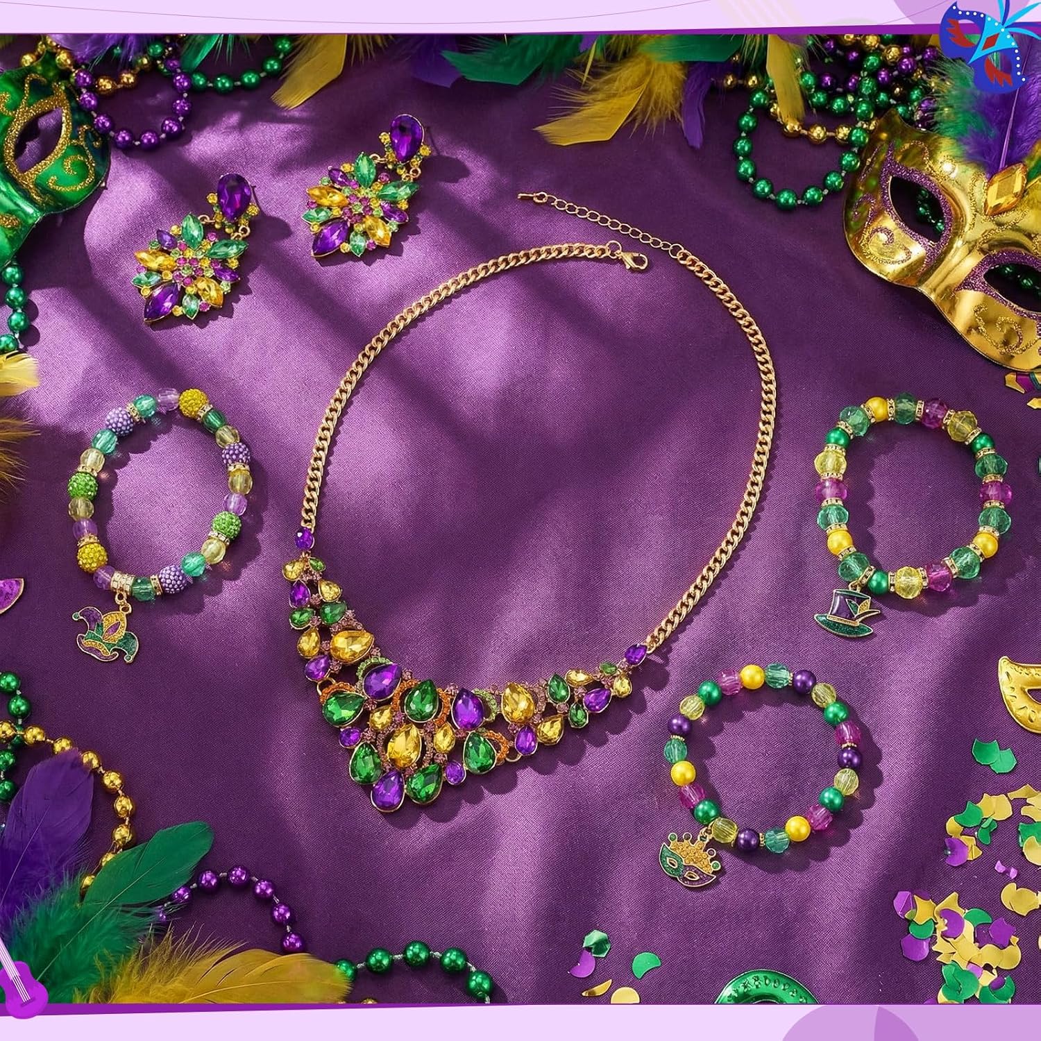 5 Pcs Mardi Gras Necklace Bracelet Earrings Jewelry Set Mardi Gras Gift Women Rhinestone Beads Purple Green Gold - Image 4