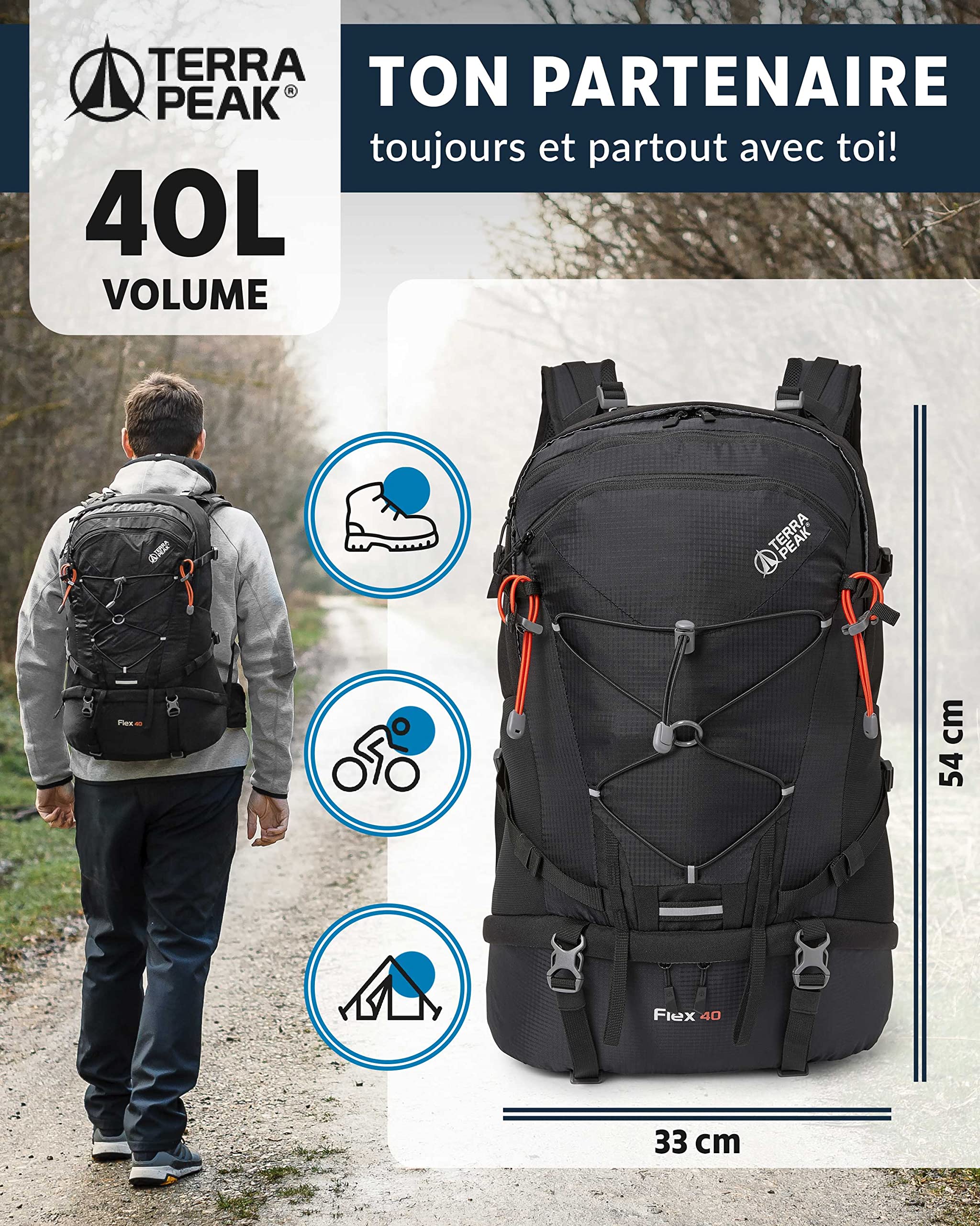 Terra Peak® Sac à dos de randonnée 40L (FLEX 40) grand pour femme et homme - Sac a dos de trekking, chasse et voyage (respirant, imperméable) - Sac alpinisme, escalade et de jour (ergonomique)