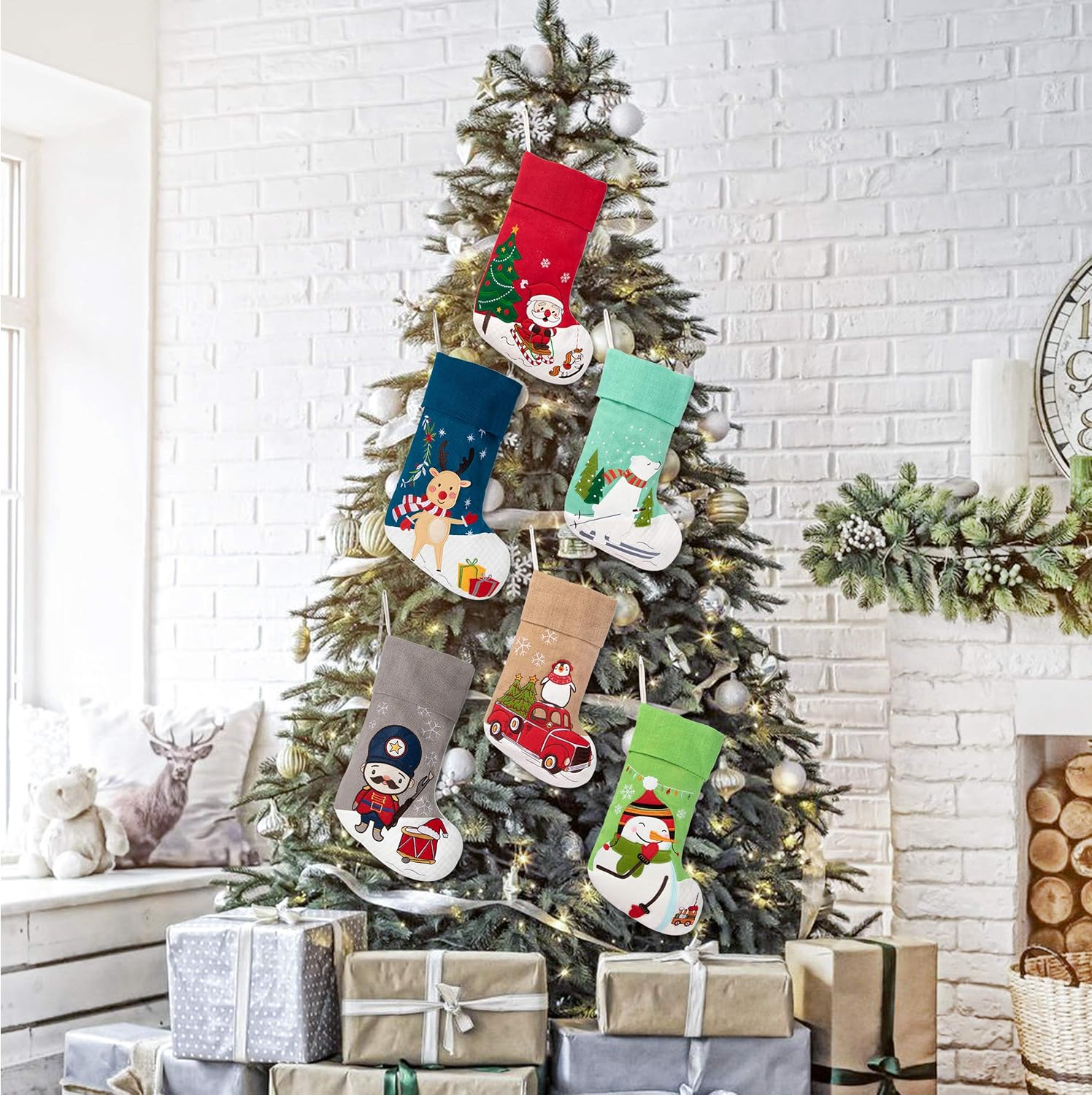Set of 5 Christmas Stockings(20inch) Embroidered Linen Burlap Applique Fireplace Hanging Christmas Ornament for Family Decorations Holiday Xmas Gift