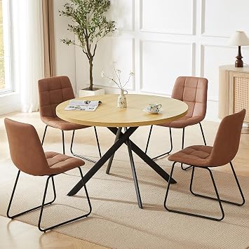 HIPIHOM 45.3 Inch Round Dining Table Set for 4, Mid Century Modern Small Kitchen Coffee Set for Dining Room Kitchen Apartment Cream Table + 4 U-Shaped Brown Chairs