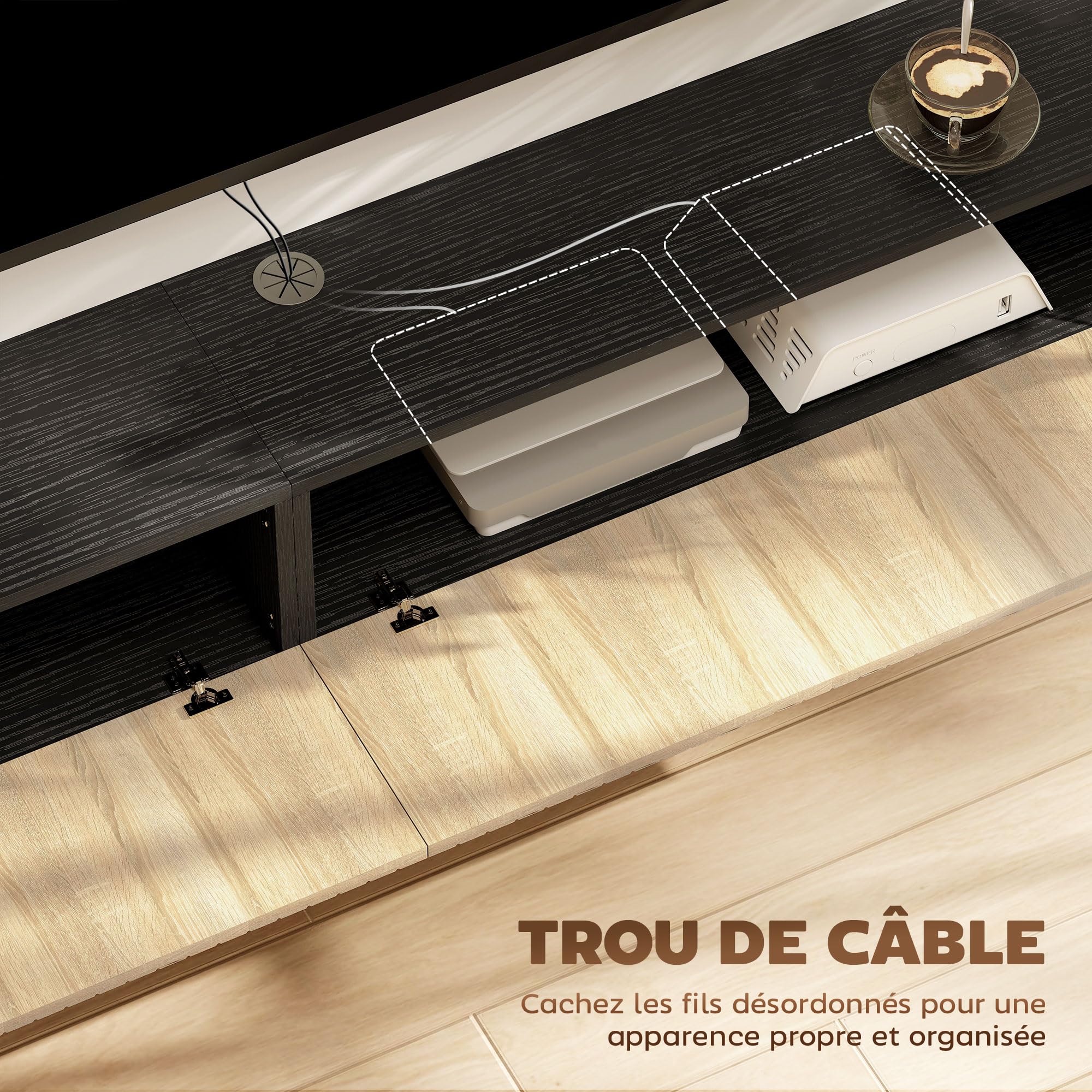 HOMCOM Meuble TV Suspendu Flottant 140 cm, Meuble télé pour téléviseur jusqu'à 72 Pouces avec 2 Portes cannelées rabattables, Banc TV Mural pour Salon, Chambre à Coucher, Bois Naturel et Noir