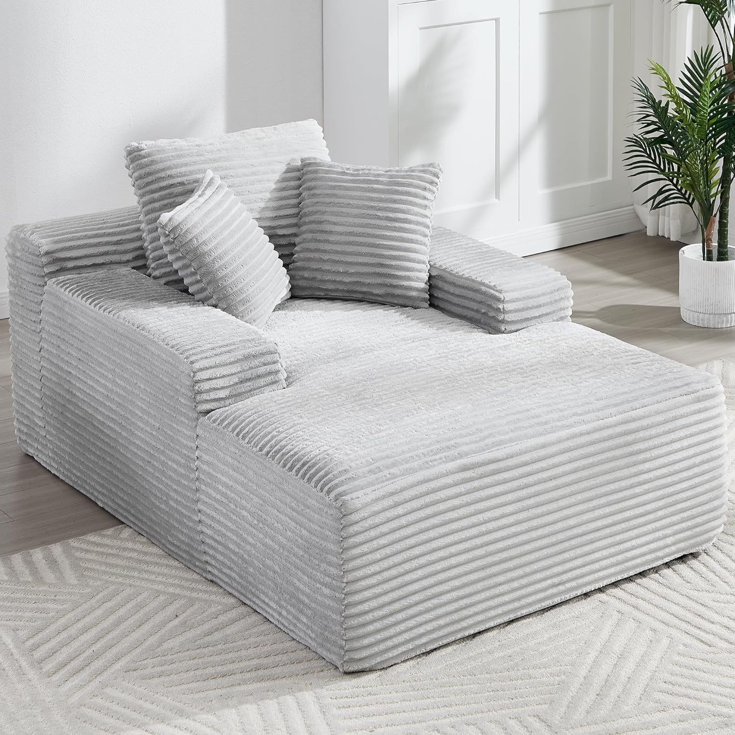 67 inch Oversized Chaise Lounge Chair, Corduroy Sofa Bed with 3 Soft Pillows, Boneless Cloud Couch Bed for Living Room Office, No Assembly Required (Light Grey)