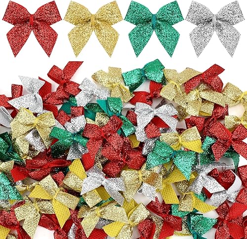 Syhood 150 piezas de mini lazo de Navidad hecho a mano, cinta de pelo pequeño, suministros de manualidades para decoración de fiestas de costura