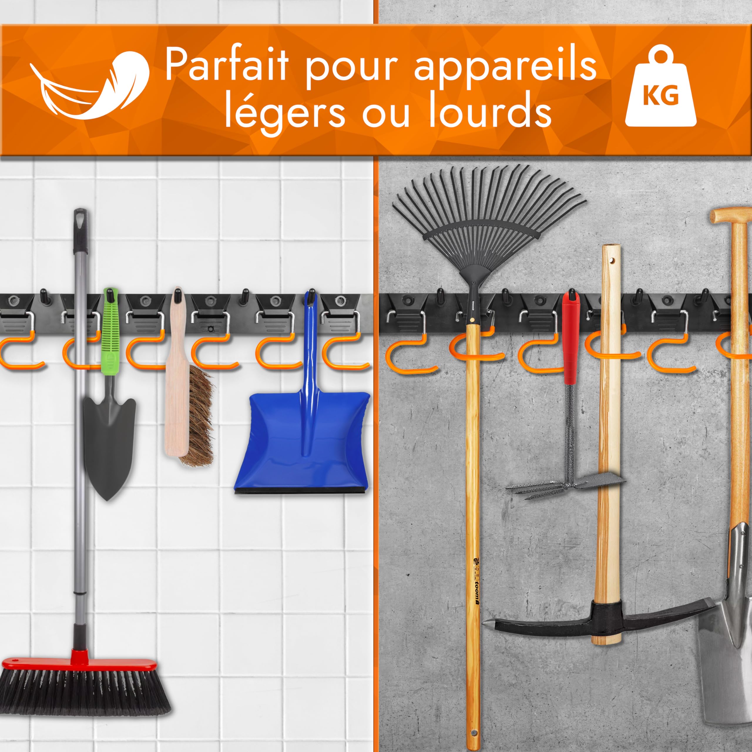 Porte-outils de jardin [2 x 40 cm] Organiseur d'outils avec crochets antidérapants – Support pour balais, crochets et autres outils de jardin (support mural)