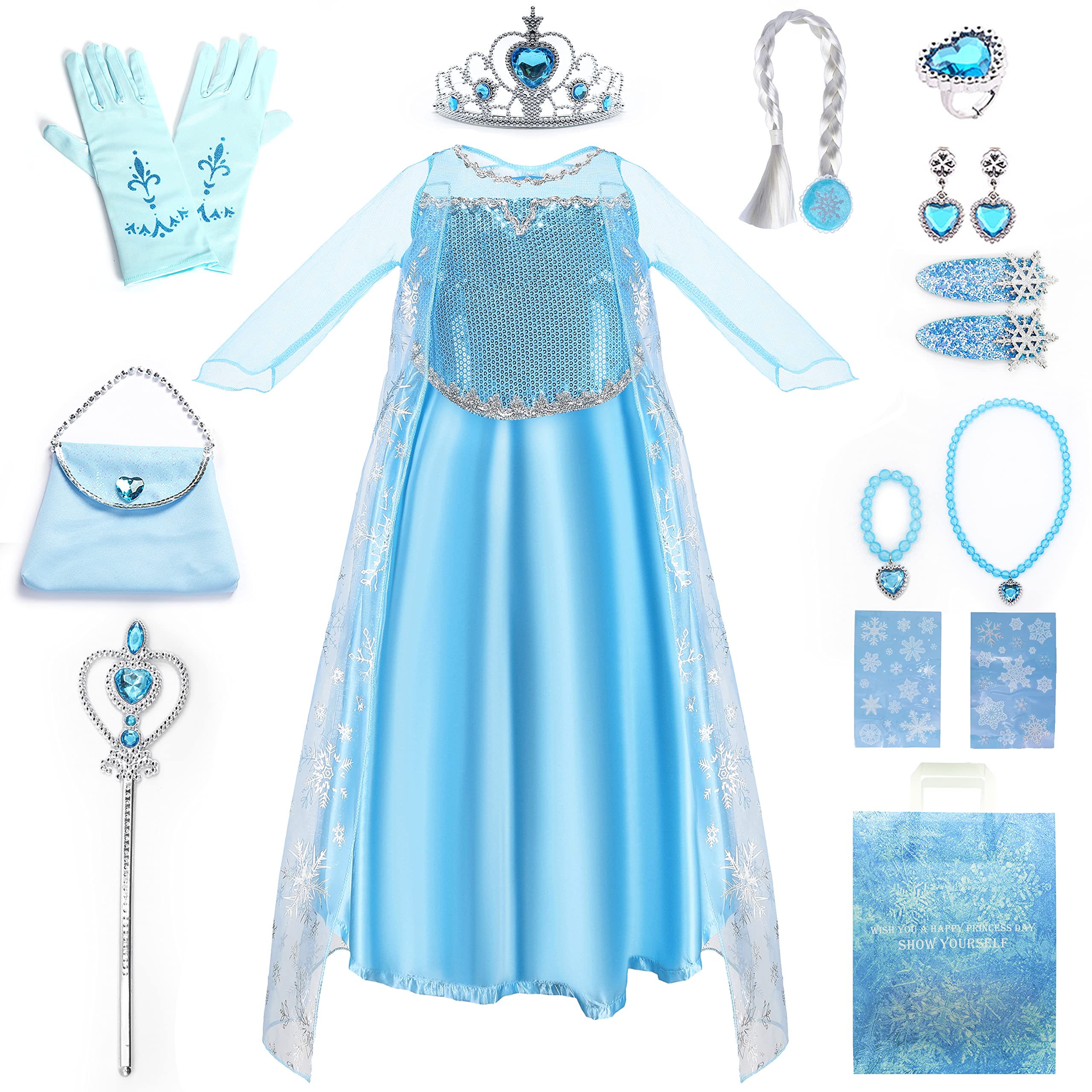 Sugeru® 14 piezas Elsa Disfraz Princesa Niña Set, Disfraces Princesas & Accesorios,Vestido de Princesa Elsa Anna, Traje de Princesa de Nieve,2-10Años Halloween, Cosplay, Cumpleaños, Navidad