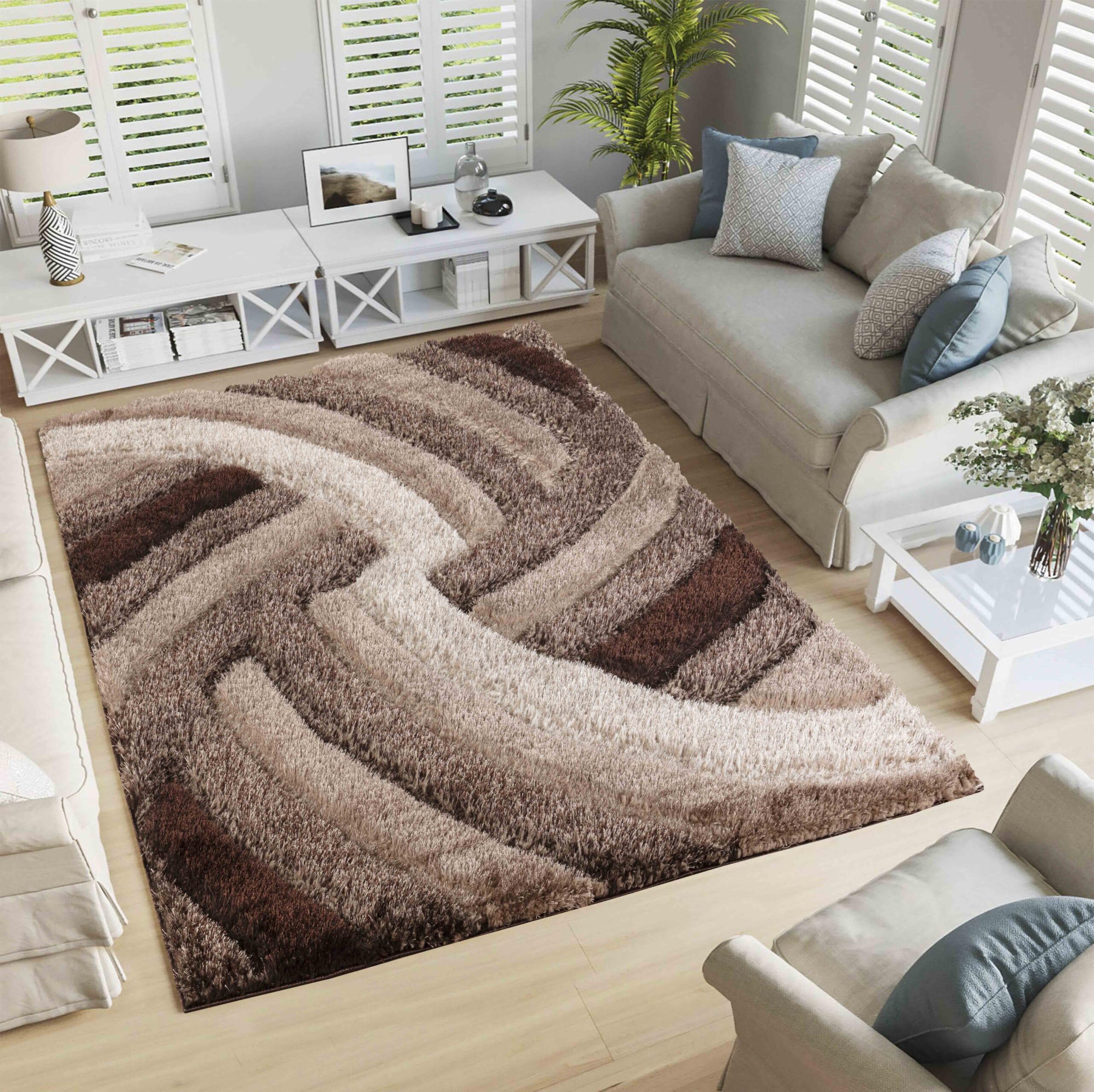 Serdim Rugs Modern Soft Swirl Design Hand Carved Shiny Shimmer Living Room Polyester Shaggy Rugs, Bronze, 160x230cm (5'3"x7'7")