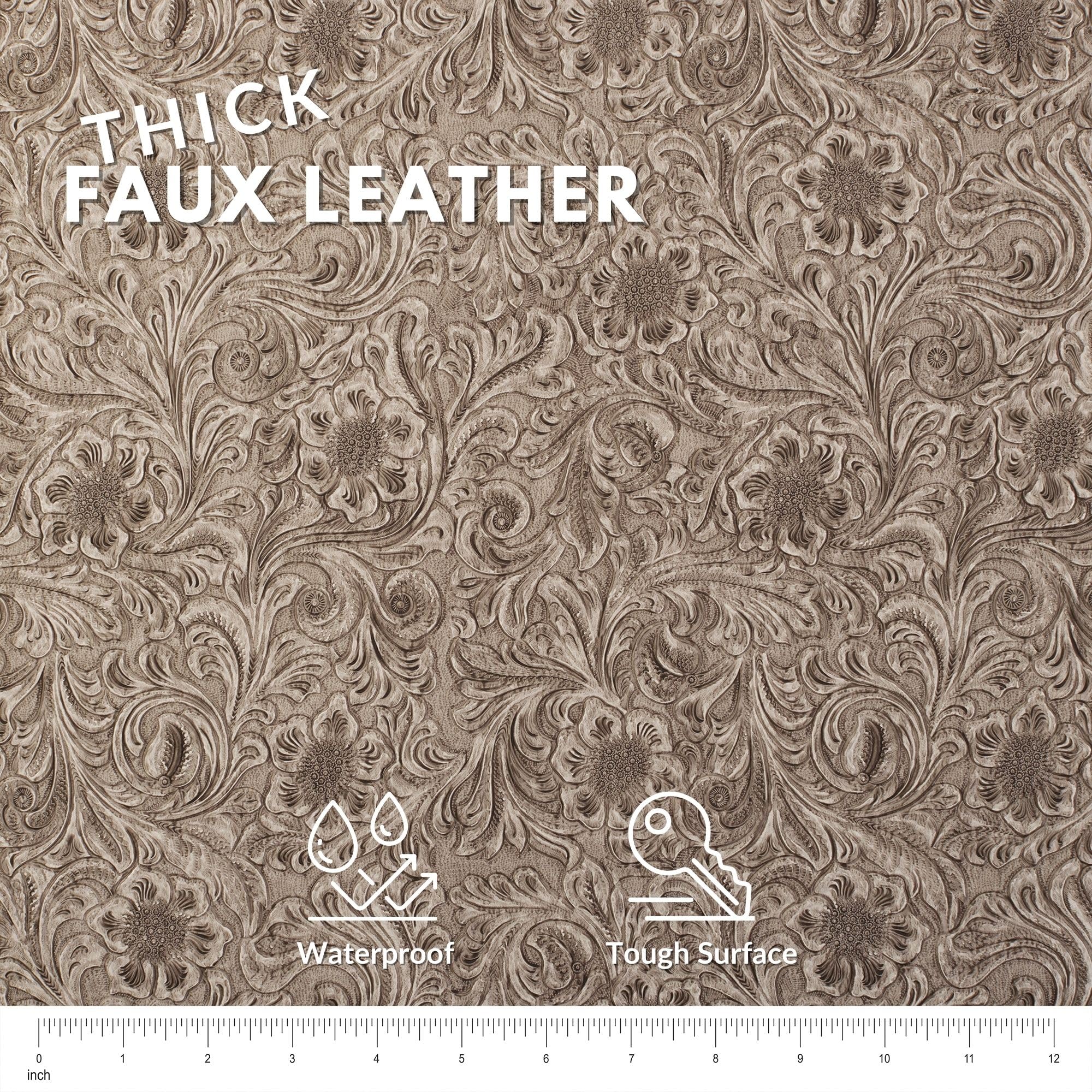 Tooled Faux Leather Western Cowboy, Floral Embossed Vinyl, Craft DIY and Upholstery Textured PU Pleather Fabric - Individual One Yard Cut 36