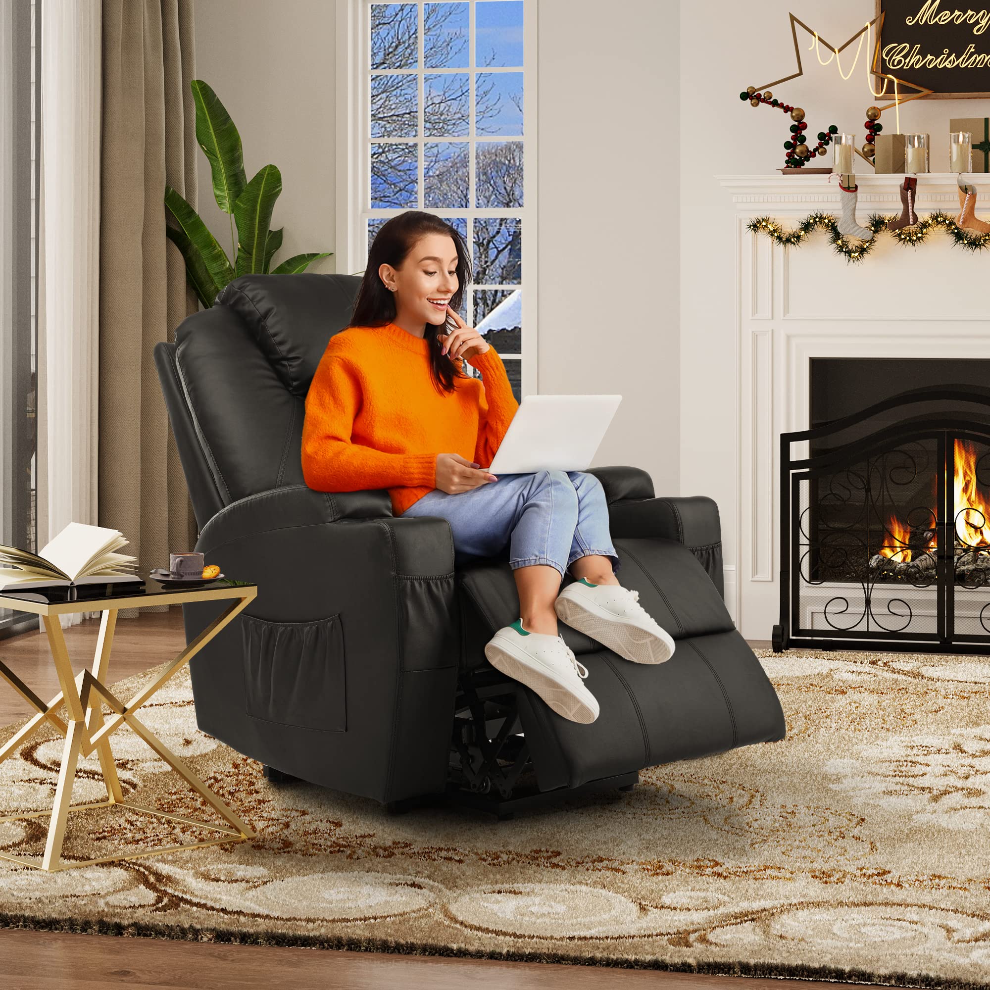 YITAHOME Power Lift Recliner Chair for Elderly, Lift Chair with Heat and Massage, Faux Leather Recliner Chair with 2 Cup Holders, Side Pockets & Remote Control for Living Room,Black