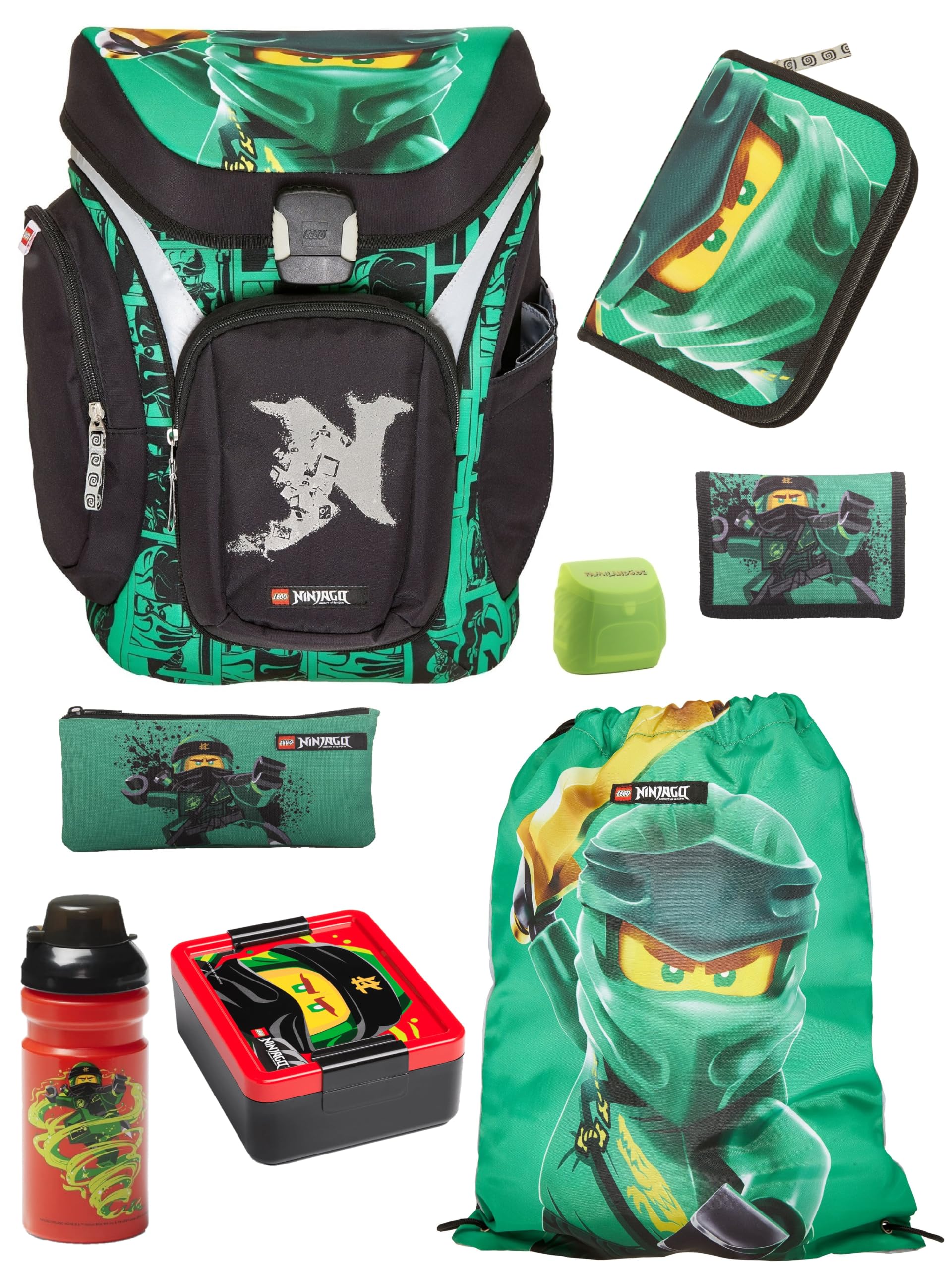 Familando - Schulranzen Set 8-teilig mit Lunch-Set - Ninjago Grün - Ergonomisch, stabil & mit gepolstertem Rücken - 1250g leicht mit 16L Volumen - wasserabweisend und mit Reflektoren - Ab 1. Klasse