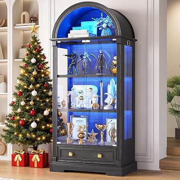 FREDEES Arched Display Cabinets with Glass Doors, 72" Tall Curio Cabinet with Human Sensor LED Lights, 4-Tier Display Case for Collectibles Bookcase Living Room, Black