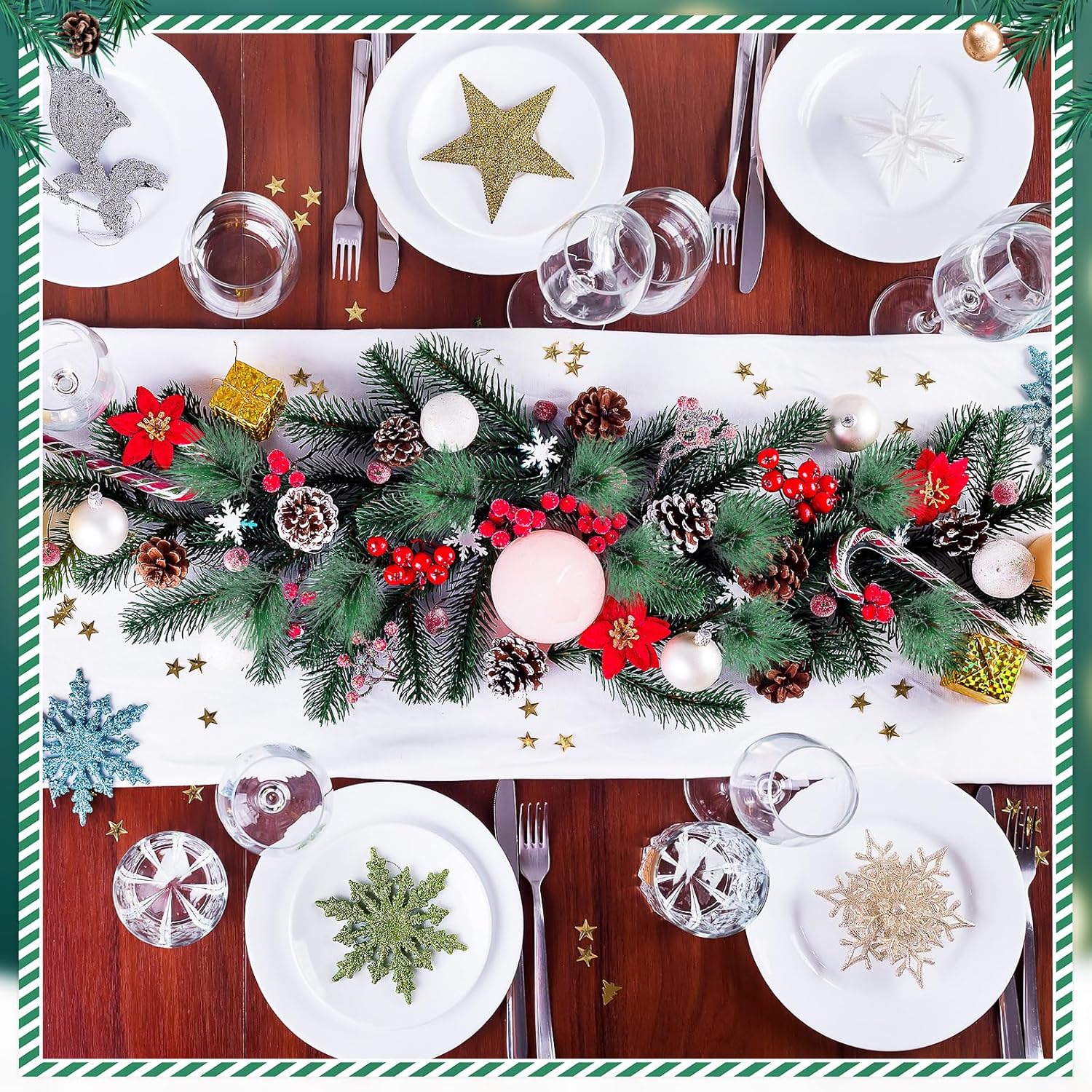 Riceshoot 432 Pcs Christmas Artificial Pine Cone Red Berry Set Christmas Wreath Making Decoration Pine Branches Acorns Wooden Stars for Xmas Tree Ornament Supplies Winter Home Party DIY Crafts Holiday