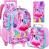 3PCS Kids Rolling Backpack, Girls Roller Wheels Bookbag, Wheeled Elementary School Bag with Lunch Bag - Flamingo