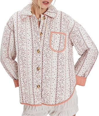 Hixiaohe Womens Puffer Jacket Winter Warm Floral Print Button Puffy Outerwear Long Sleeve Lightweight Quilted Padded Coat