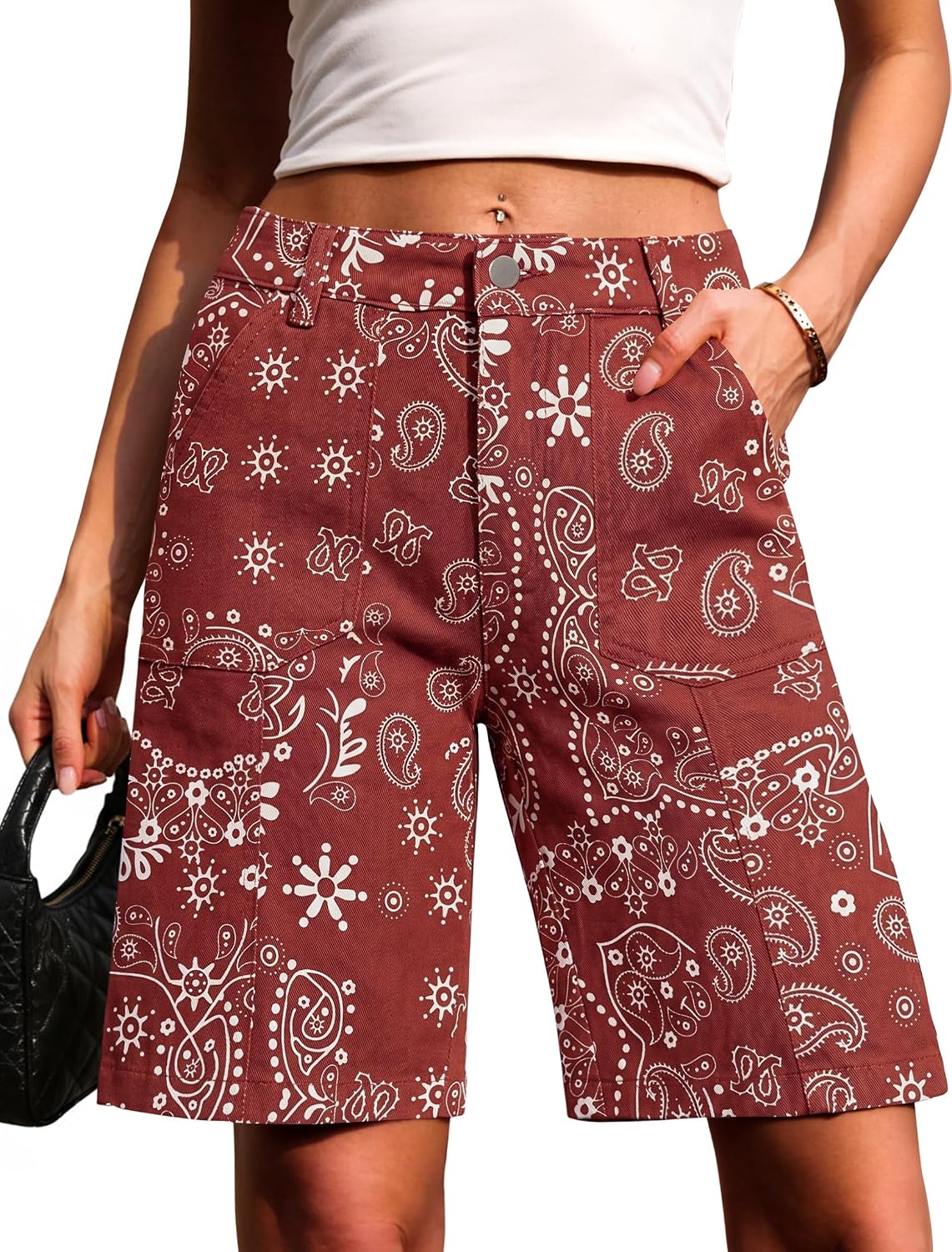 Eddoyee Bermuda Shorts for Women Long Knee Length Jean Shorts Denim Stretchy Cotton Jorts with Pockets Casual Relaxed Fit