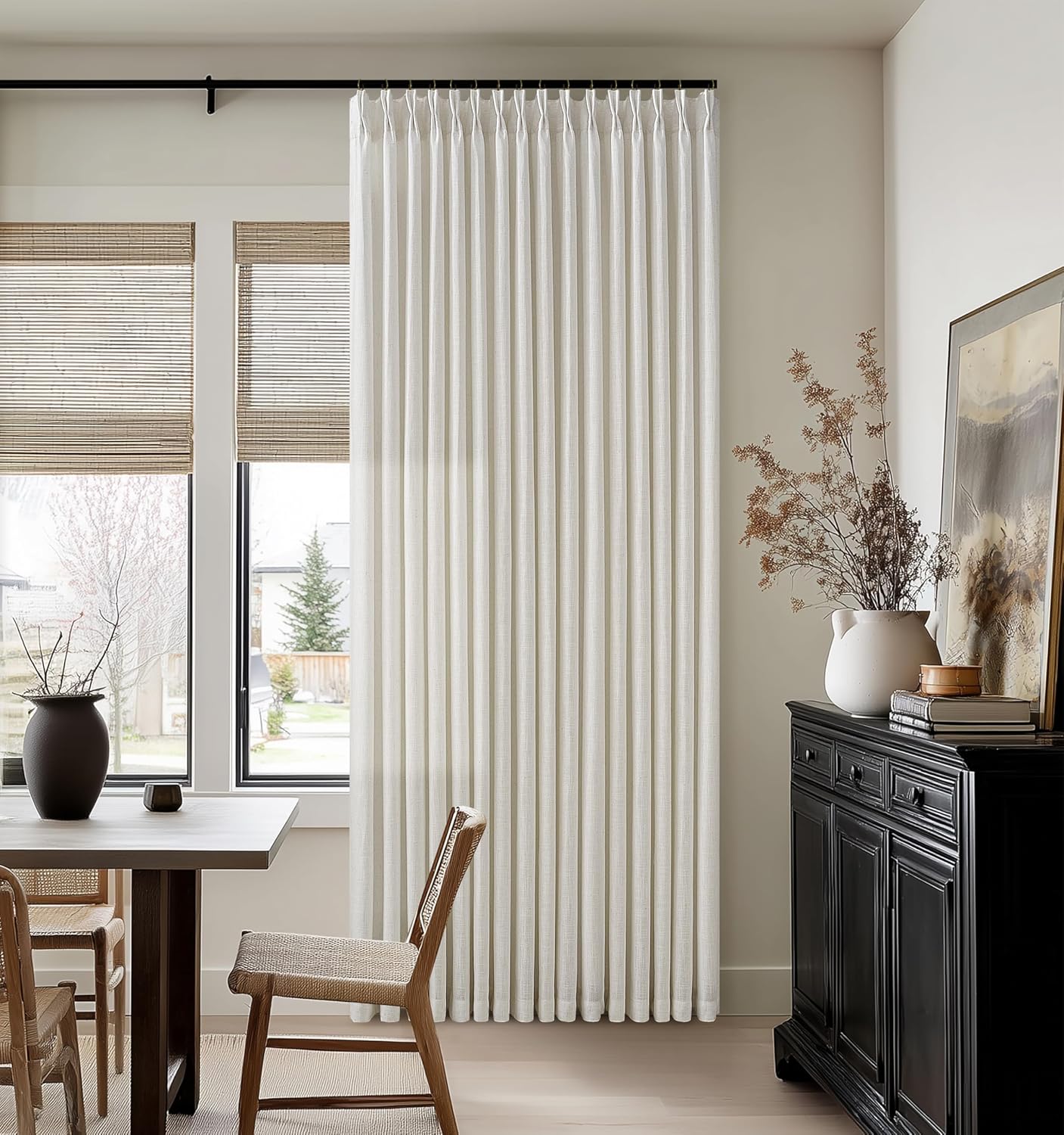 92 Inch Long Pinch Pleat Linen Curtains for Living Room 2 Panels Set Natural Cream Boho Semi Sheer Light Filtering Neutral 92 Inch Pleated Curtain with Rings Hooks Floor Ceiling Bedroom Window Natural 50"W x 92"L (Pack of 2)