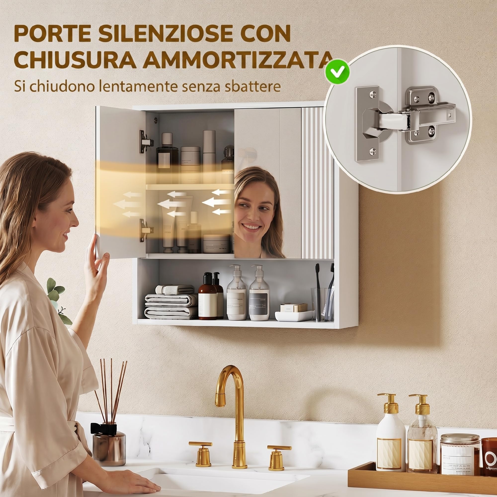 HOMCOM Mobile Bagno da Parete, Mobiletto Bagno Pensile Sospeso Moderno con Anta Soft Close, 2 Ante Specchiate, Scomparto Aperto, Ripiano Regolabile, per Soggiorno e Ingresso, Salvaspazio, Bianco