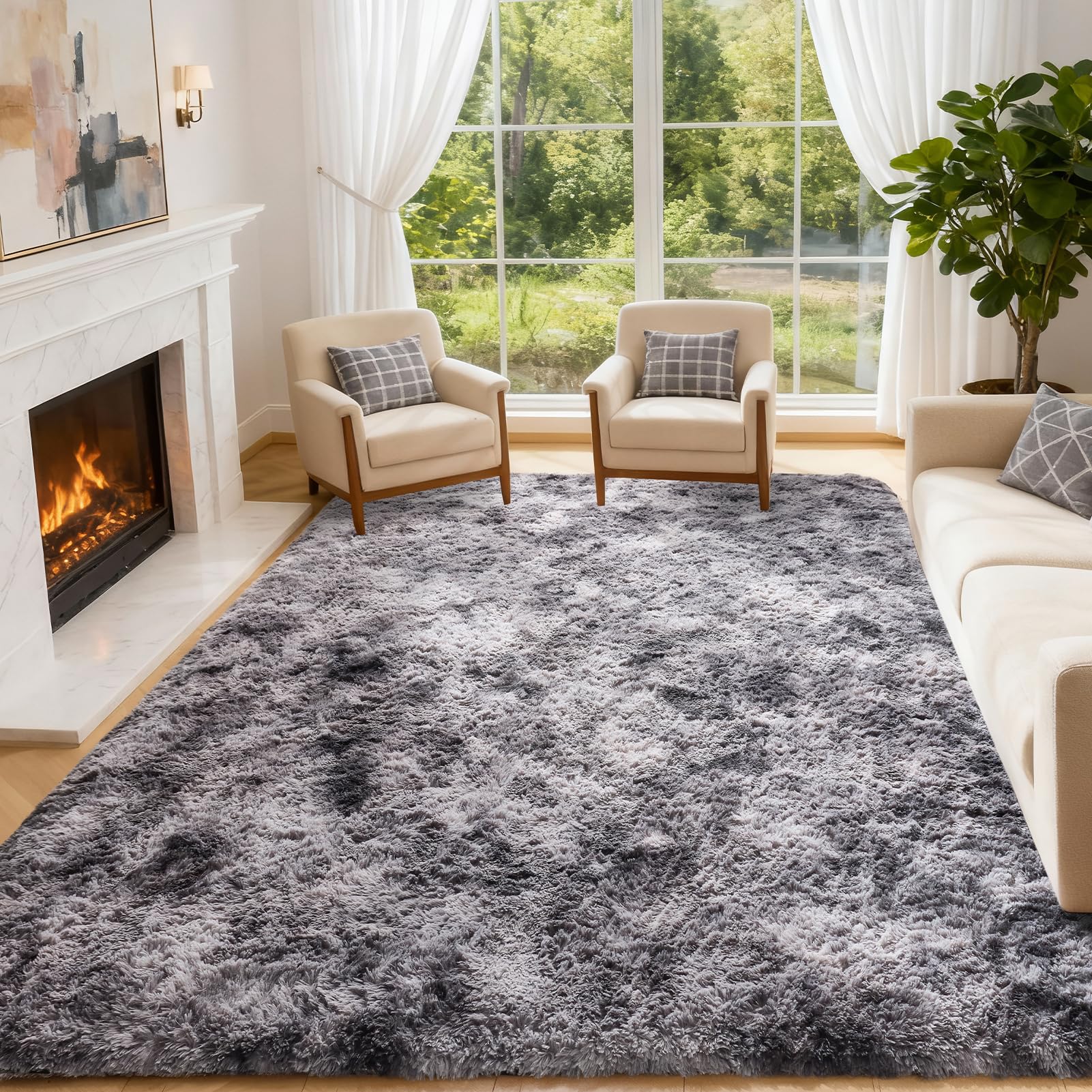 CHOSHOME Fluffy Shaggy Rugs Living Room - Non Slip Soft Plush Modern Floor Carpet - Non Shedding Thick Pile Area Rug for Bedroom, Nursery, Lounge, Dining Room - Tie-dye Dark Grey, 120x180 cm
