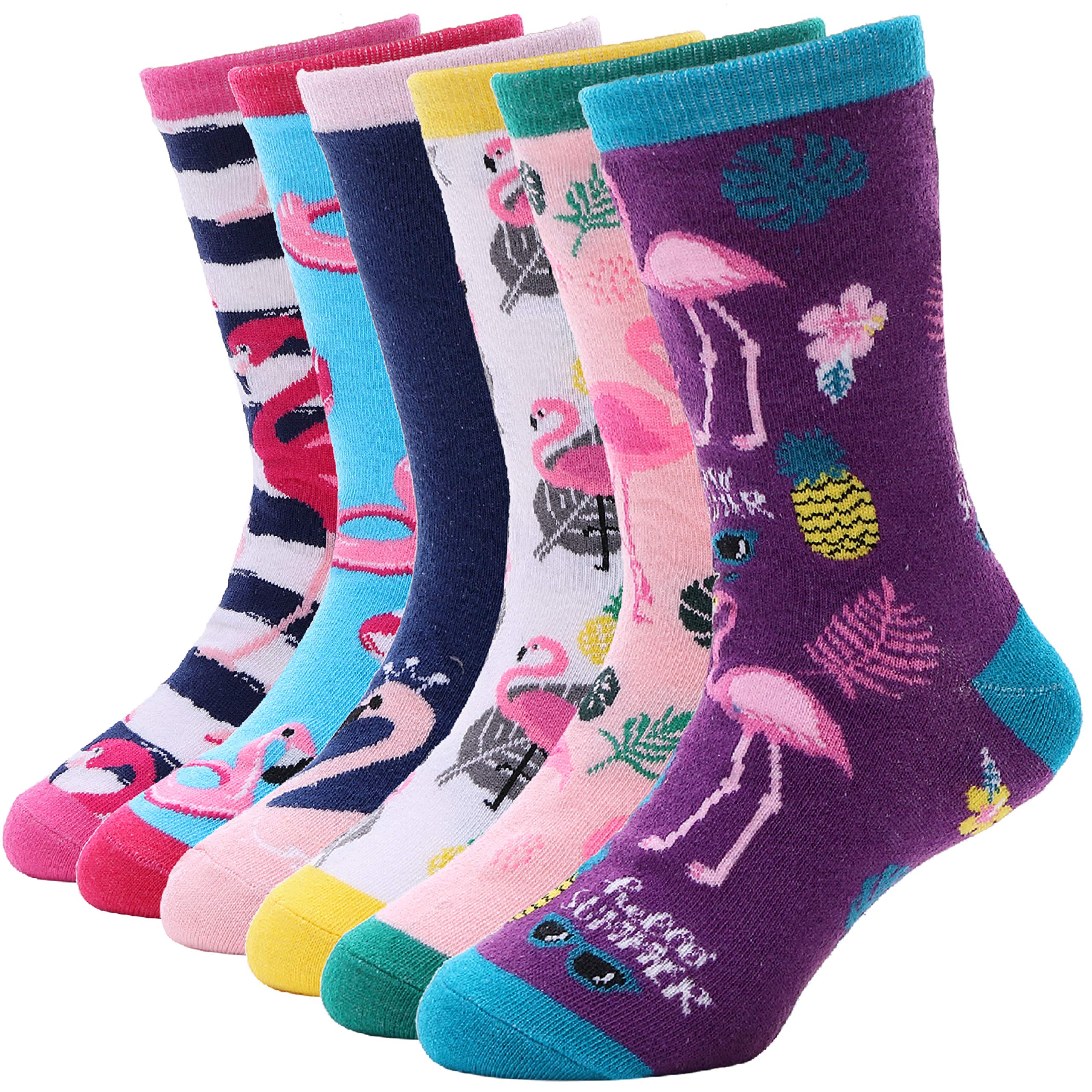 EBMORE Girls Cotton Socks Cute Unicorn Pattern Soft Novelty Gift Socks For Kid Child 6 Pack(Flamingo-j,3-5 Y)