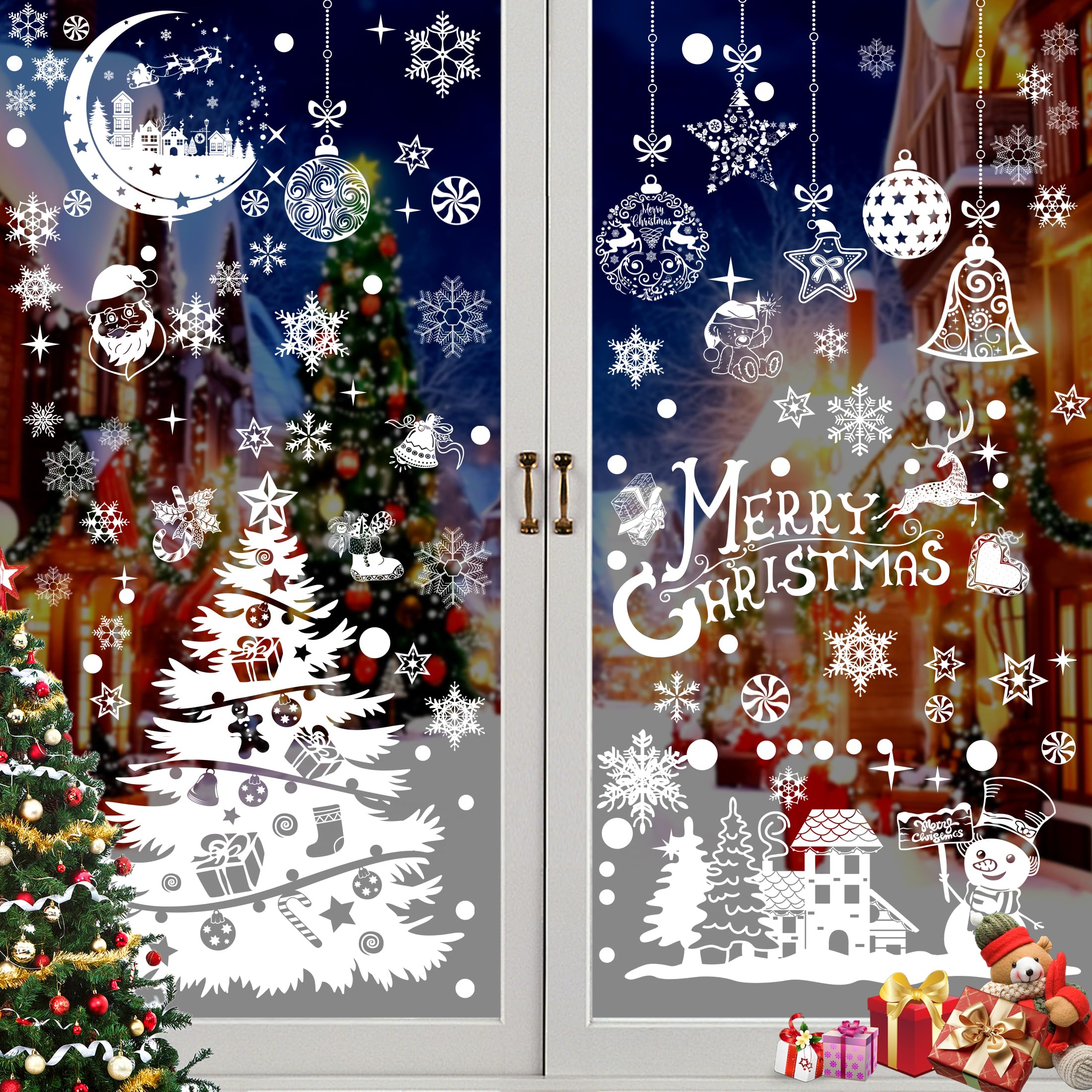Christmas Window Stickers, Reusable Window Clings - Double PVC Snowflake and Santa Static White Xmas Stickers for Christmas Decorations