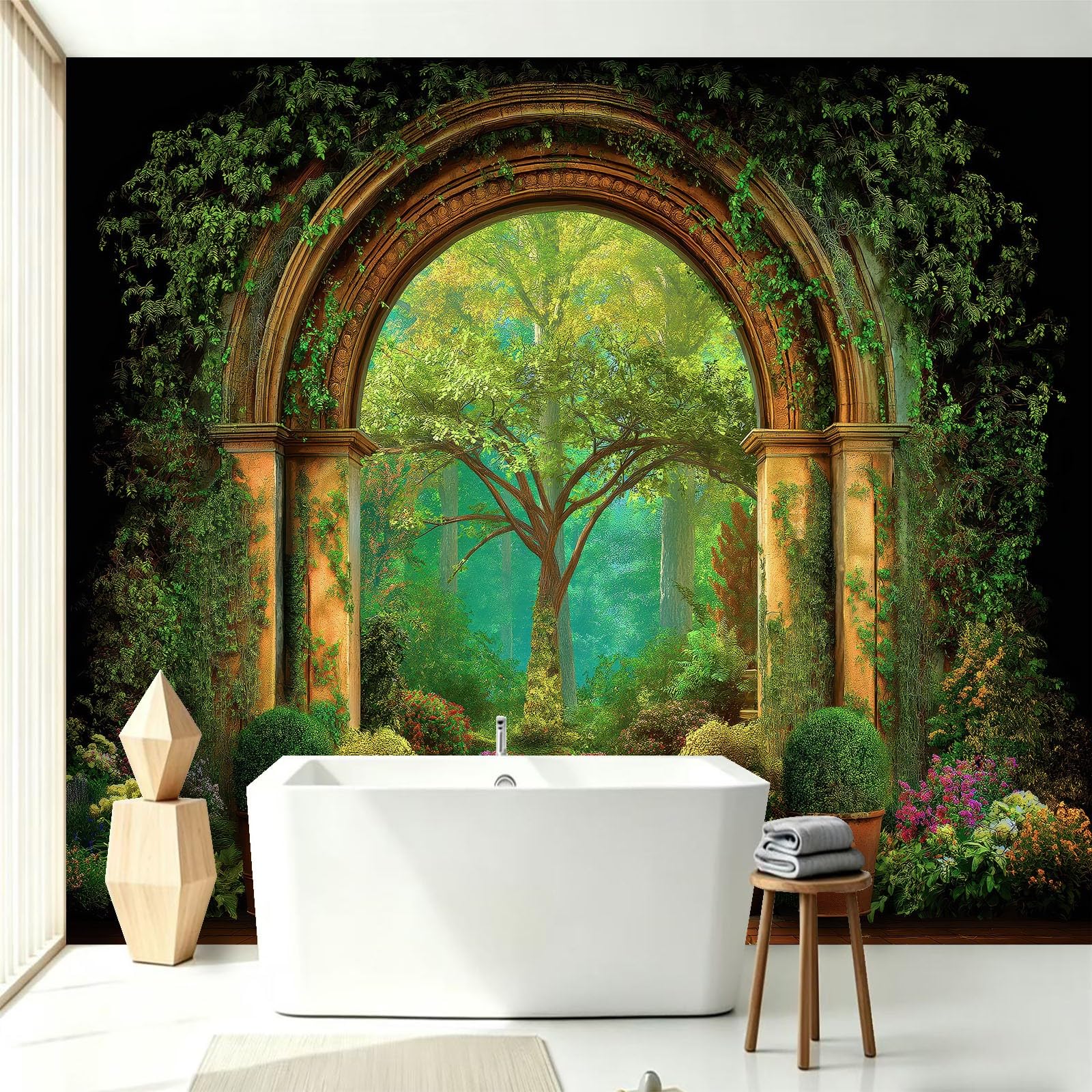 Générique Panoramiczna tapeta z naturalnego lasu, kamienny łuk 3D ogród fresk ścienny z włókniny 200 x 140 cm - dekoracyjna fototapeta ścienna do salonu pokój dziecięcy restauracja kuchnia