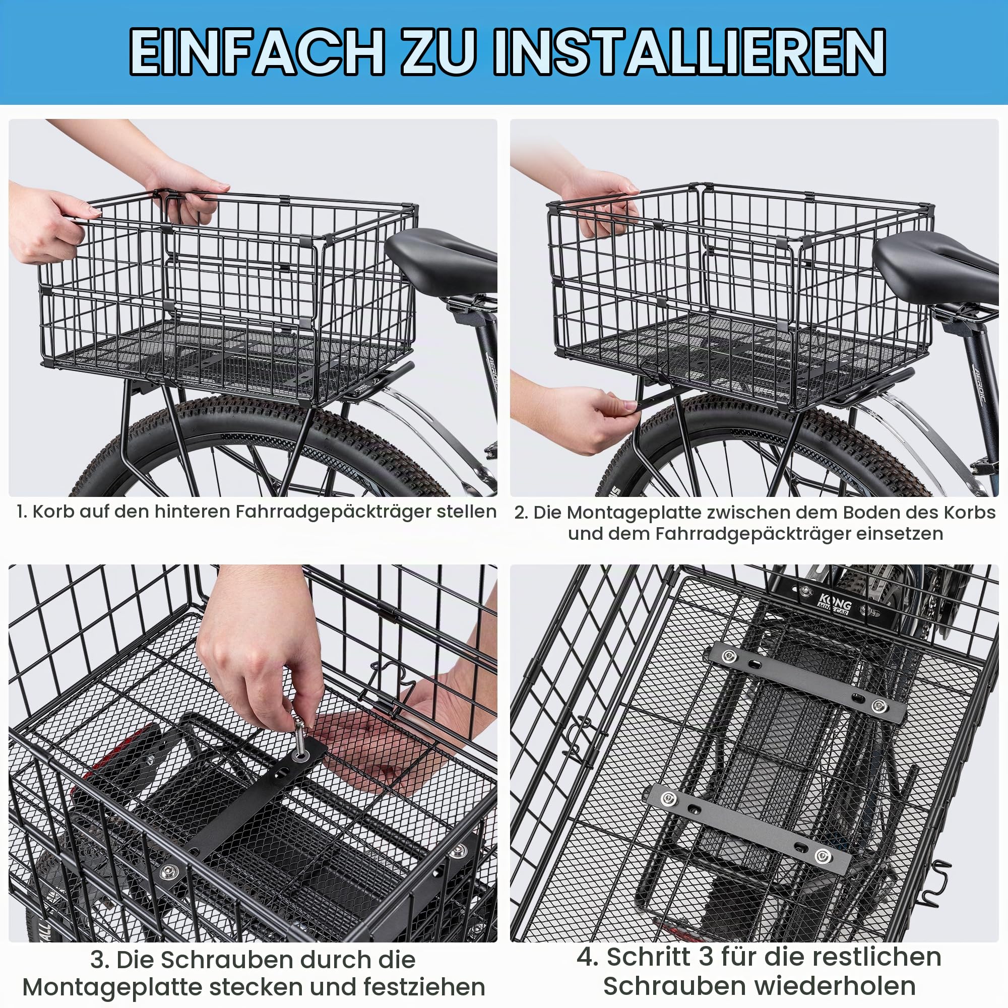 Fahrradkorb hinten – Klappbarer Gepäckträgerkorb – Metall-Drahtkorb für den hinteren Gepäckträger, geeignet für Cruiser-Fahrräder, E-Bikes und Lieferfahrräder für Erwachsene