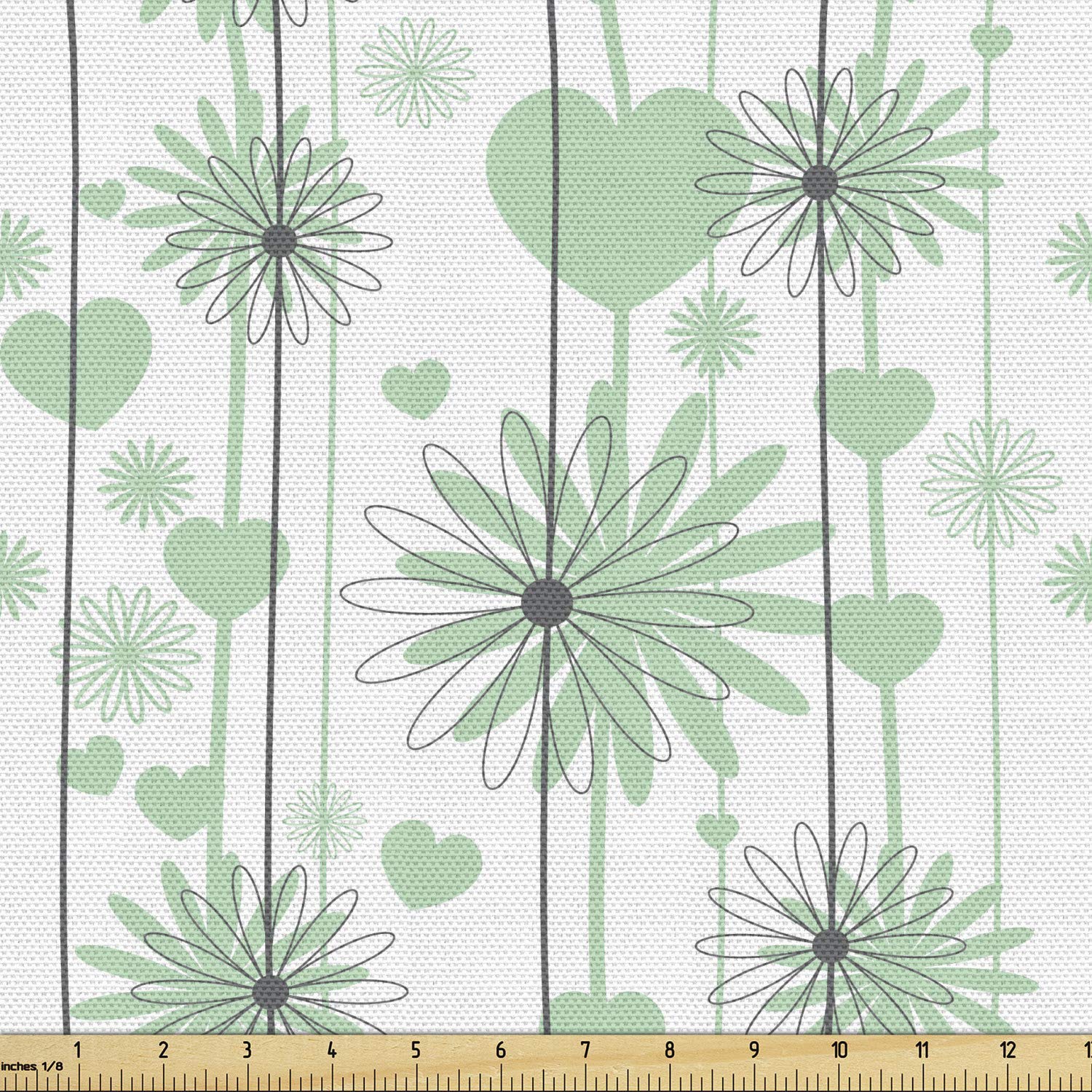 Lunarable Hearts Fabric by The Yard, Floral Abstract Striped Background Soft Color Daisies Nature Flourish, Decorative Fabric for Upholstery and Home Accents, 3 Yards, Grey Charcoal