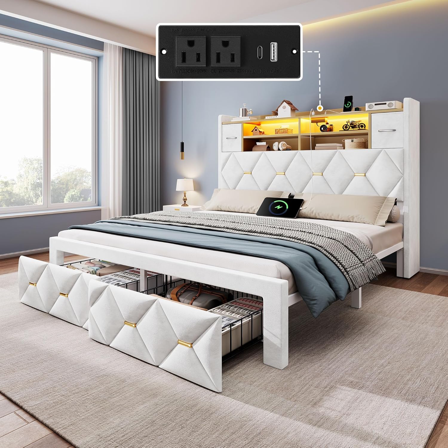 YITAHOME Queen Size Floating Bed Frame with Charging Station, Led Bed Frame with Hidden Storage Headboard, PU Upholstered Platform Bed, Heavy Duty Metal Slats, No Box Spring Needed, Light Grey