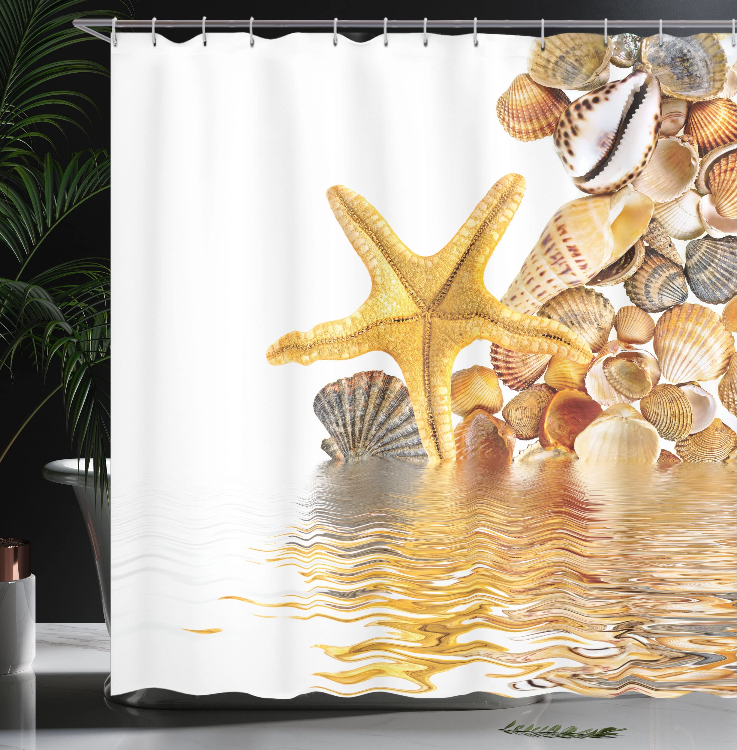 Strand-Thema Duschvorhang Set – Seestern & Muschel Motiv, Wasserdicht, 183x183 Cm, Aus Polyester, Inkl. 12 Haken