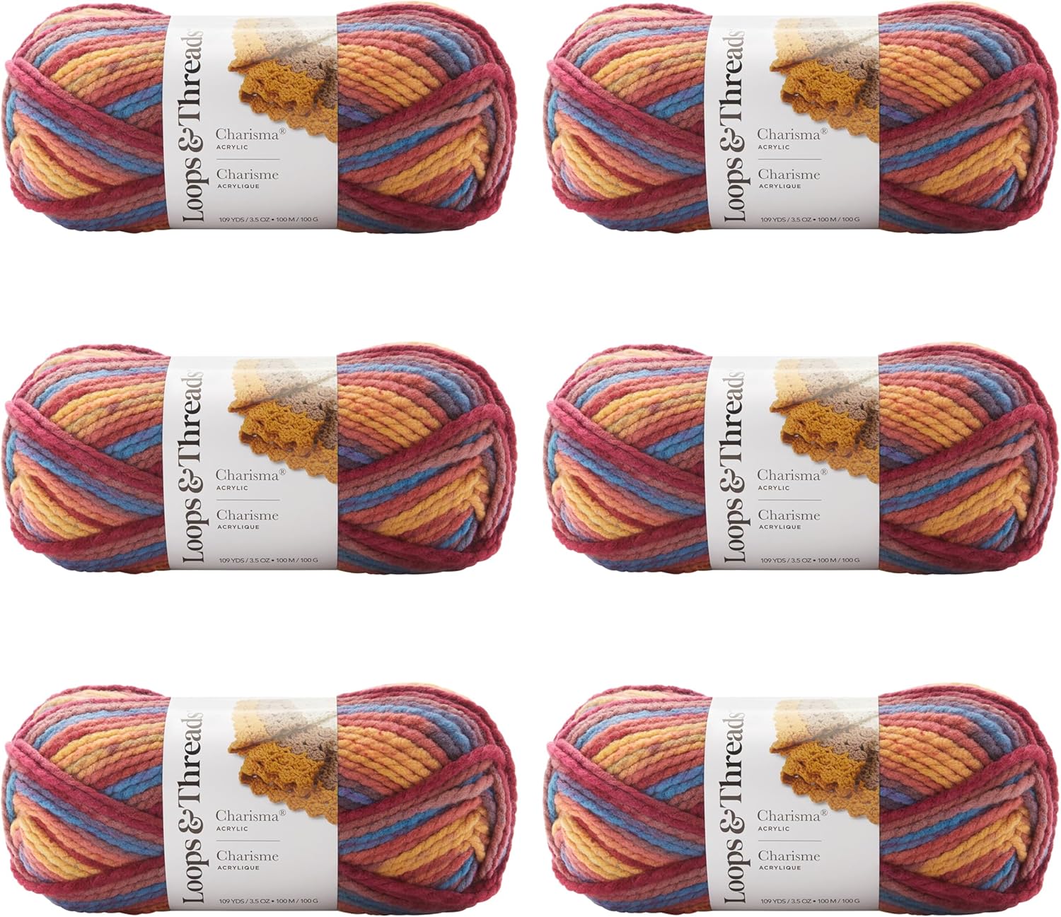 Loops & Threads Charisma Yarn - Multicolor Yarn for Knitting, Crochet, Weaving, Arts & Crafts - Mulberry, Bulk 6 Pack