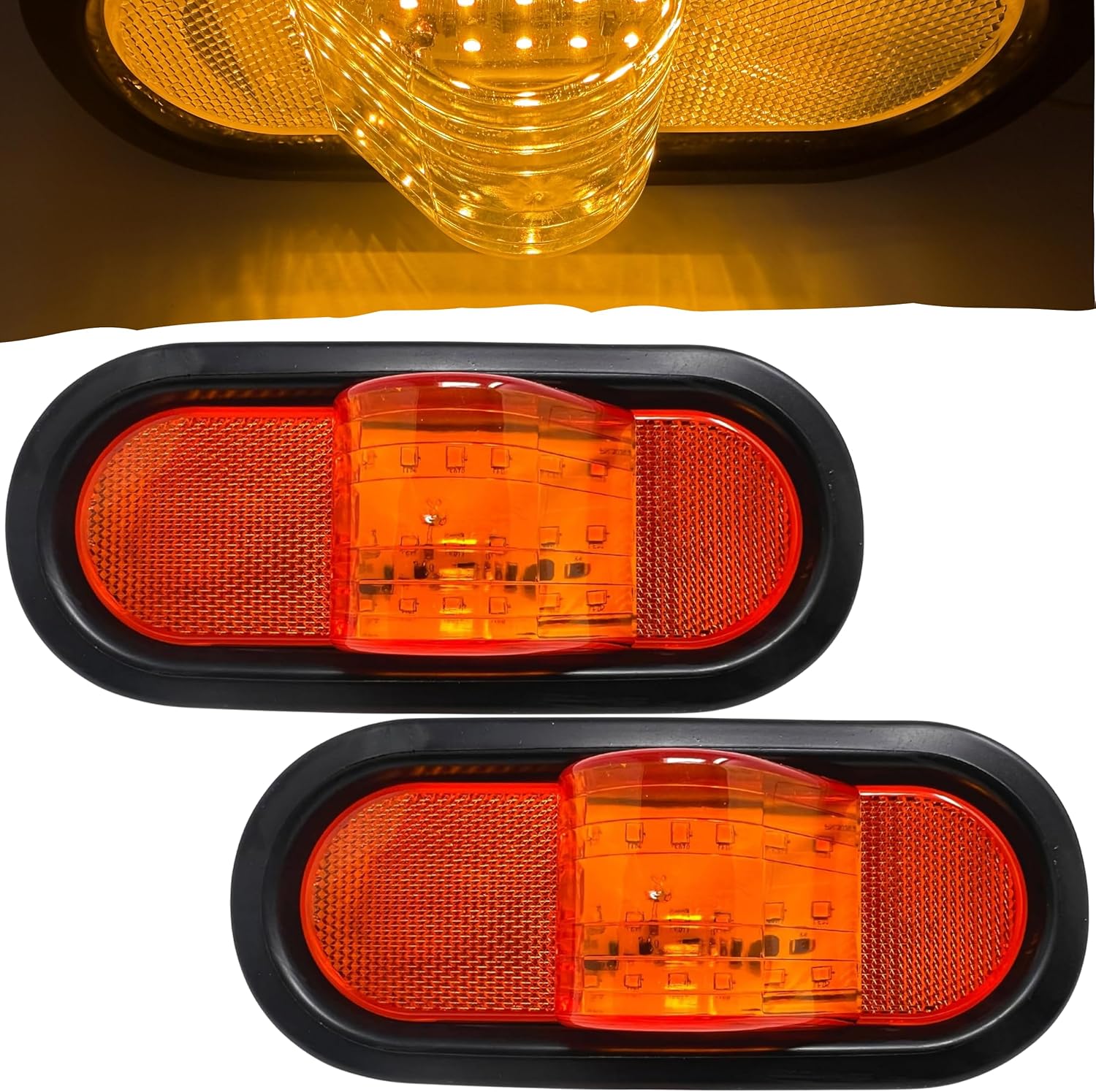 Qty 2 6" Mid Turn Signal Amber Marker Light Rubber Mount 18 LED w/Reflex Lens Universal Waterproof 6 Inch Oval Led Mid-Ship Marker and Turn Signal Semi Truck Trailer Peterbilt Kenworth Light