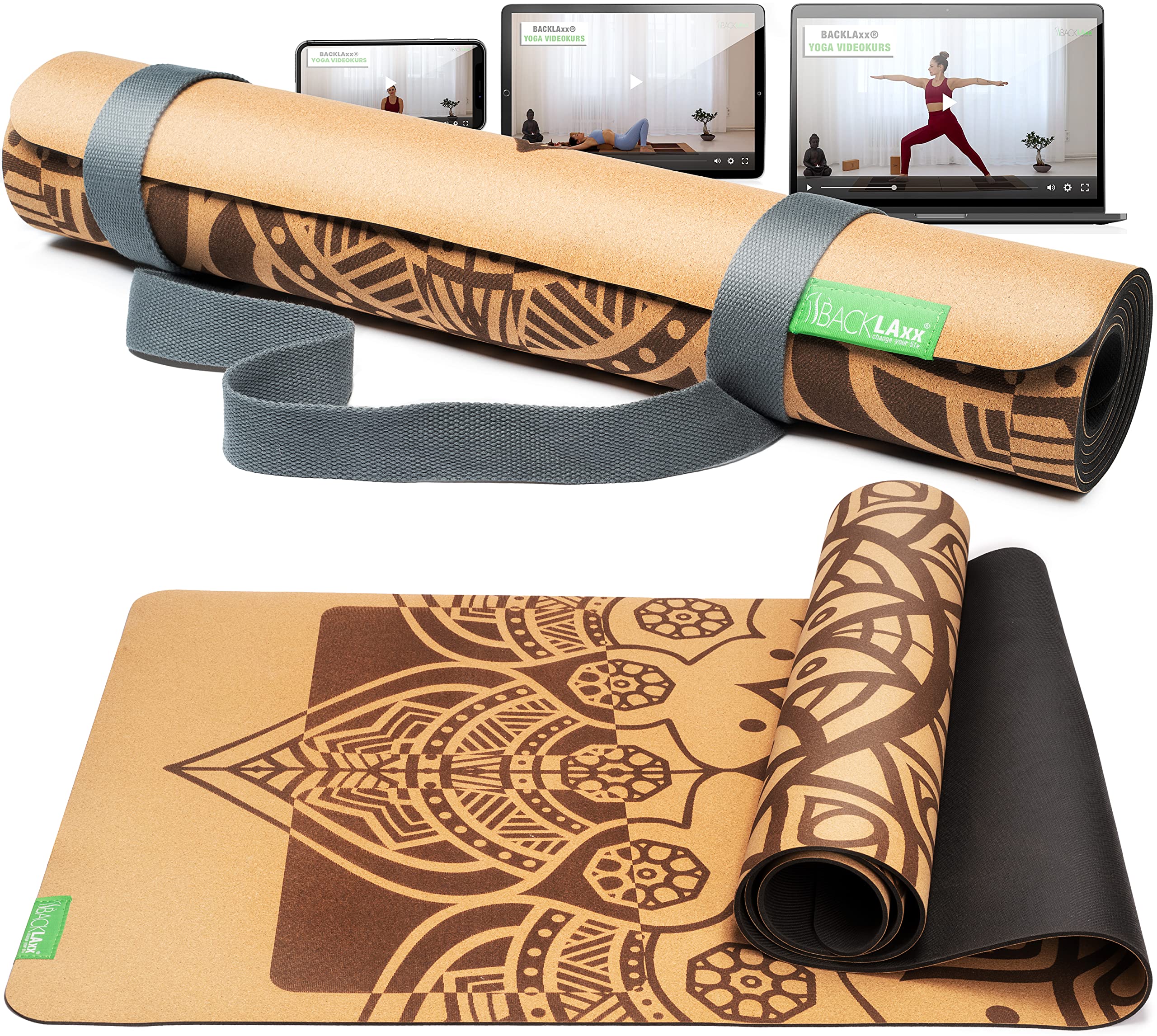 BACKLAXX® Yogamatte Kork mit Naturkautschuk | FAZ Testsieger 04/2026 | Yoga Matte Kork nachhaltig | schadstofffrei | Yogamatte Kautschuk | Fitnessmatte mit Anti-Rutsch-Zonen | inkl. Tragegurt