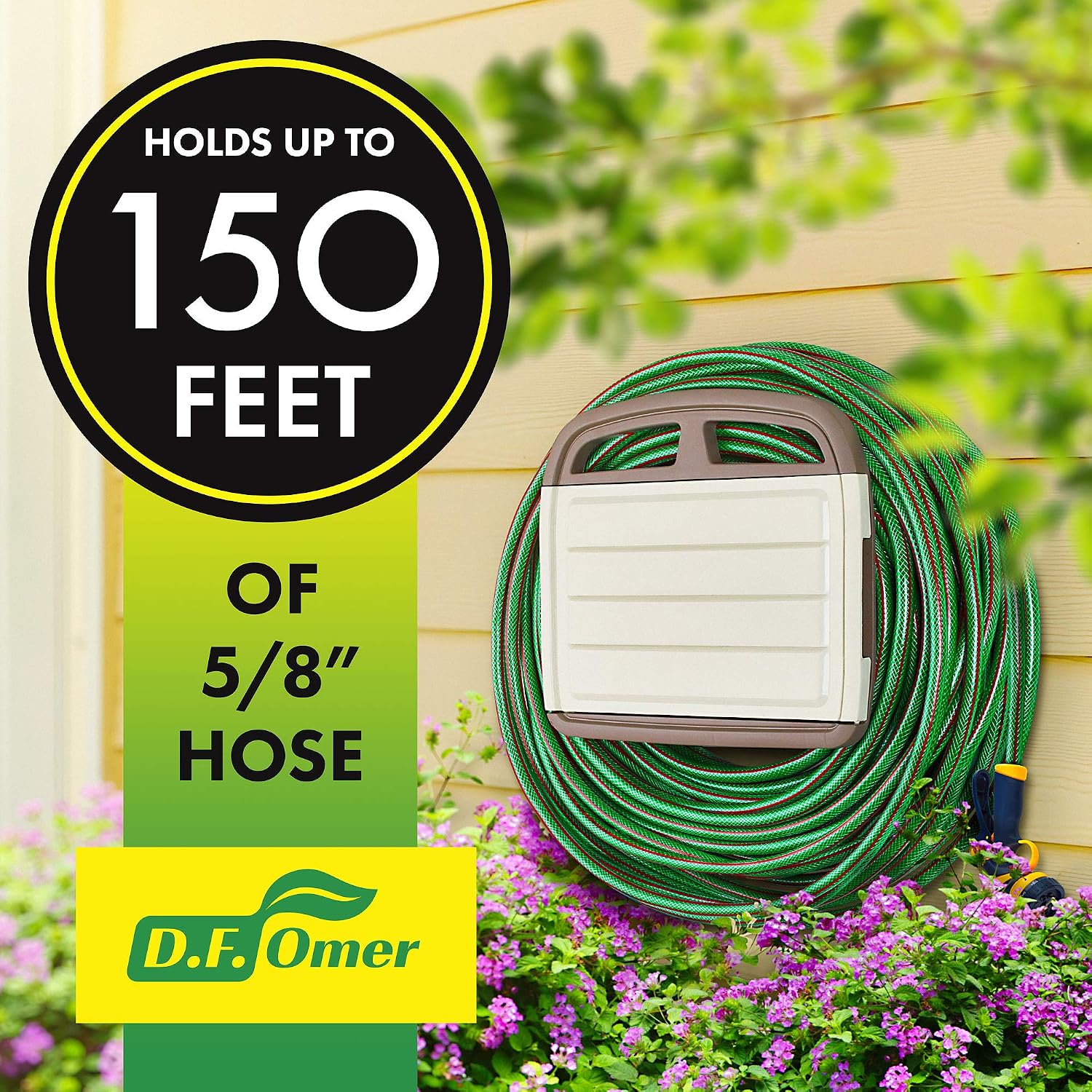 DF OMER Plastic Garden Water Hose Holder with Storage Compartment Fits 150 ft. Hose – 10x7x5 in. Weatherproof Wall Mount Hose Rack Hanger for Outside with 2 Shelves for Garden Equipment