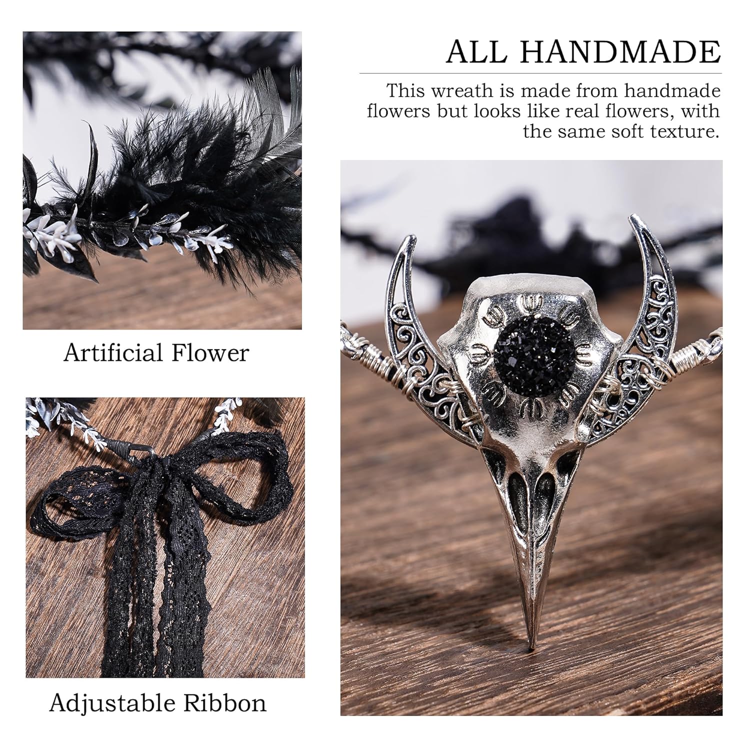 MOSTORY Handmade Black Raven Feather Crown - Gothic Elf Circlet with Raven Skull Dark Moon Tiara for Women Girls Halloween Cosplay Renaissance Wedding Witch Sorcerer Photo Shoot - Image 7