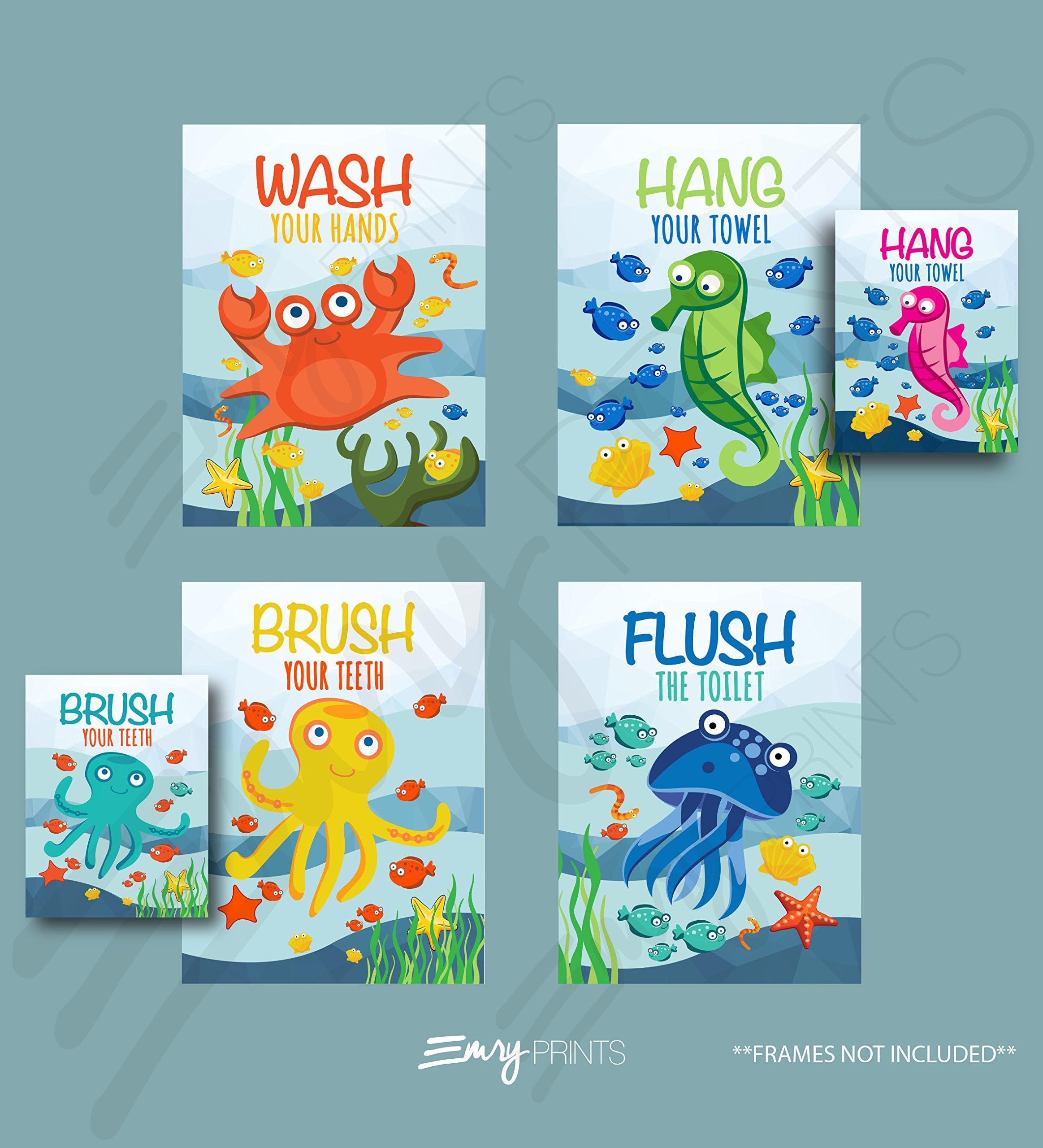 Ocean Bathroom Art Prints (Set of 4) (Unframed) 8x10 - Underwater Bathroom Wall Art Prints Children's Underwater Bathroom Ocean Theme Bathroom Wall Art 8x10 (Brush Flush Hang & Wash)