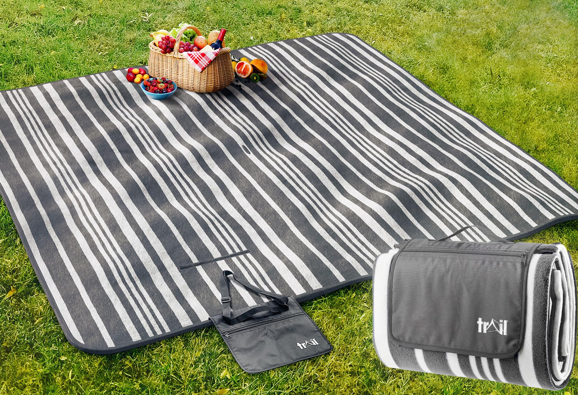 Trail Large Picnic Blanket, Soft Fleece Rug, Waterproof Backing, Foam Insulation, Fleecy Top, Parasol Slit, Peg Points, Cover with Strap, Portable Camping Garden Beach Mat (Grey / 2m x 2m)