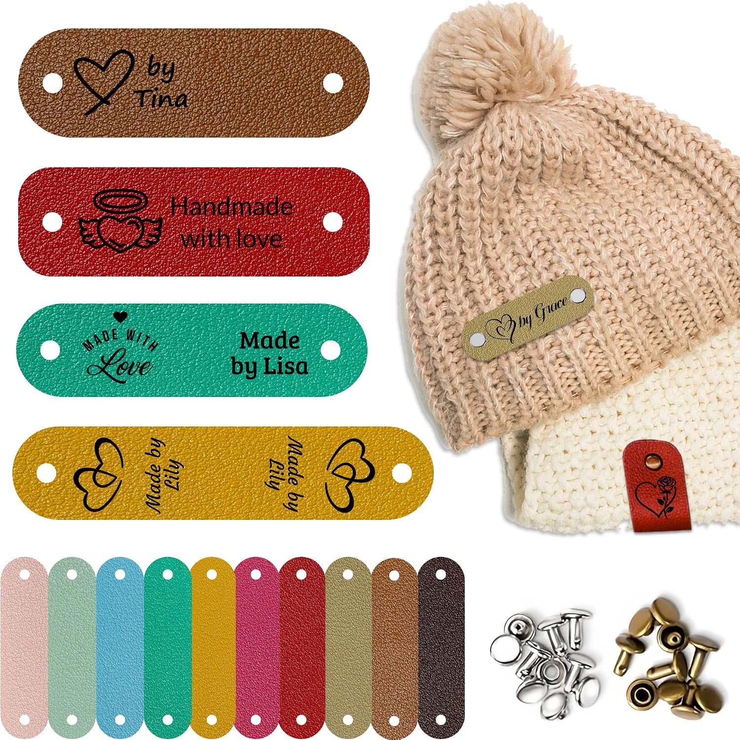 12-100pcs Custom Leather Tags for Crochet Items, Crochet Tags for Handmade Items with Rivets, Crochet Labels for Handmade Items/Hats/Purses/Scarf (Love)
