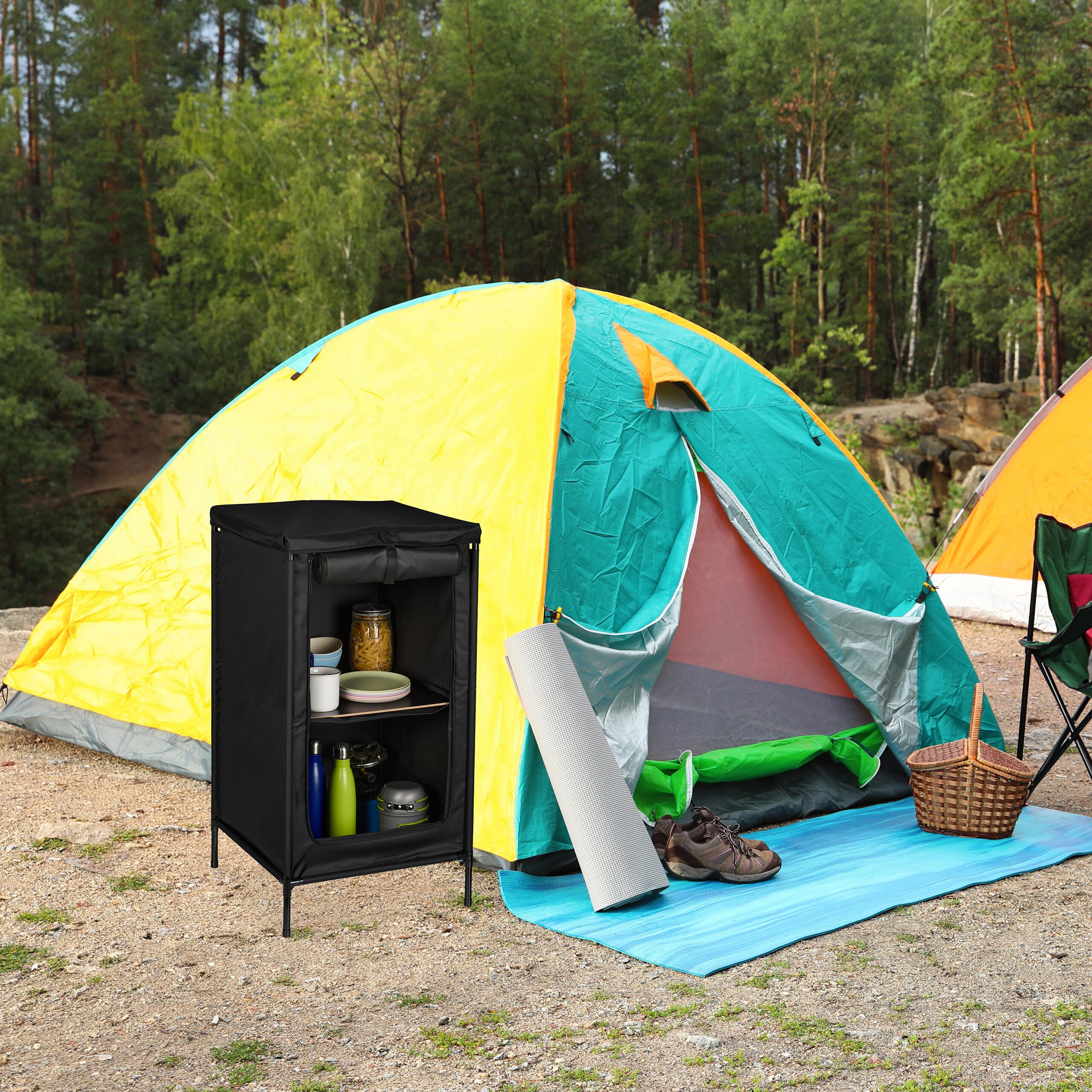 Relaxdays Campingschrank, 2 Ablagen, HxBxT: 87 x 47,5 x 47,5 cm, Stoff & Metall, Campingregal, Stauraum im Vorzelt, grau