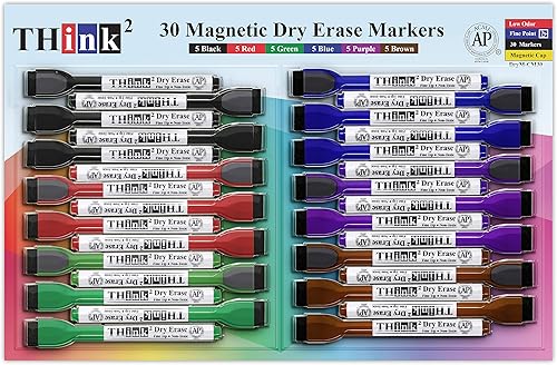 30 marcadores - 6 colores Think2 Mini marcadores magnéticos de borrado en seco con borrador. (5 negros, 5 rojos, 5 azules, 5 verdes, 5 morados, 5