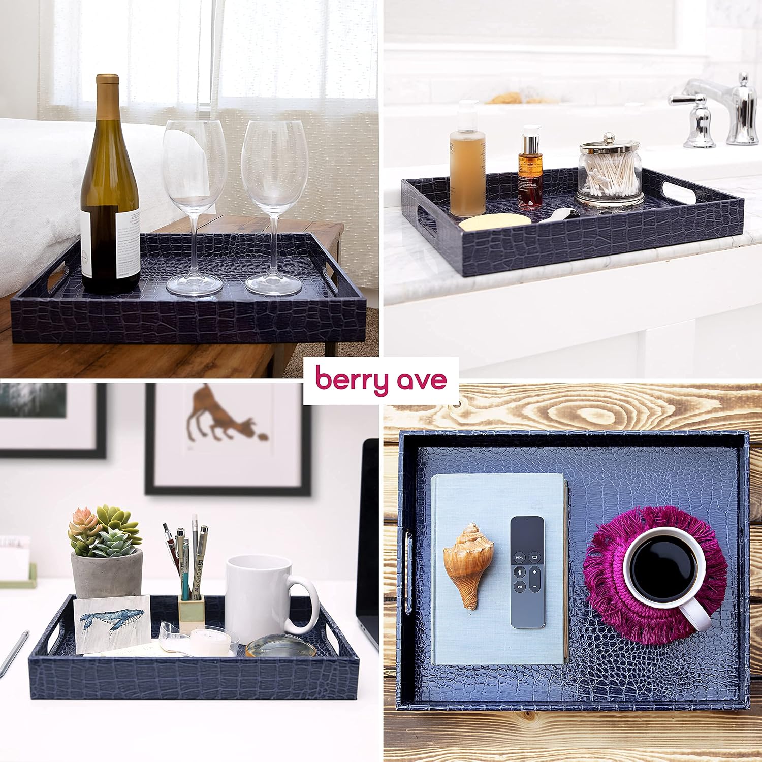 Berry Ave Premium Stylish Ottoman Tray - Chic Decorative Rectangular Serving Tray With Alligator Skin Pattern - Modern & Practical Coffee Table Tray - Perfect For Ottoman, Console, Side Table - 3 Pack
