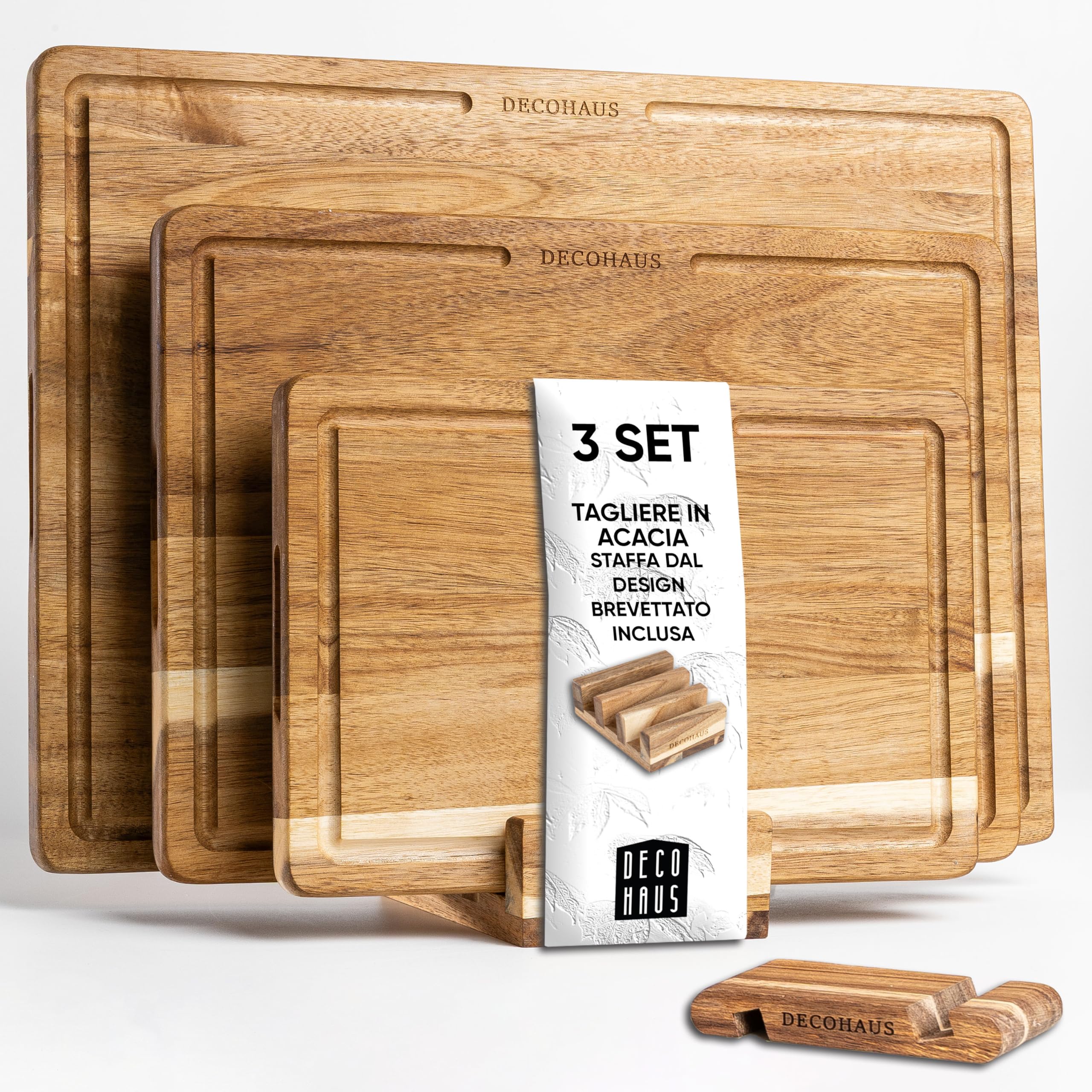 Deco haus Set di 3 Taglieri in legno di acacia robusta con scanalatura [SPESSORE 2 cm] - Taglieri con scanalatura per il succo - Chopping board 40x30, 33x24, 26x18