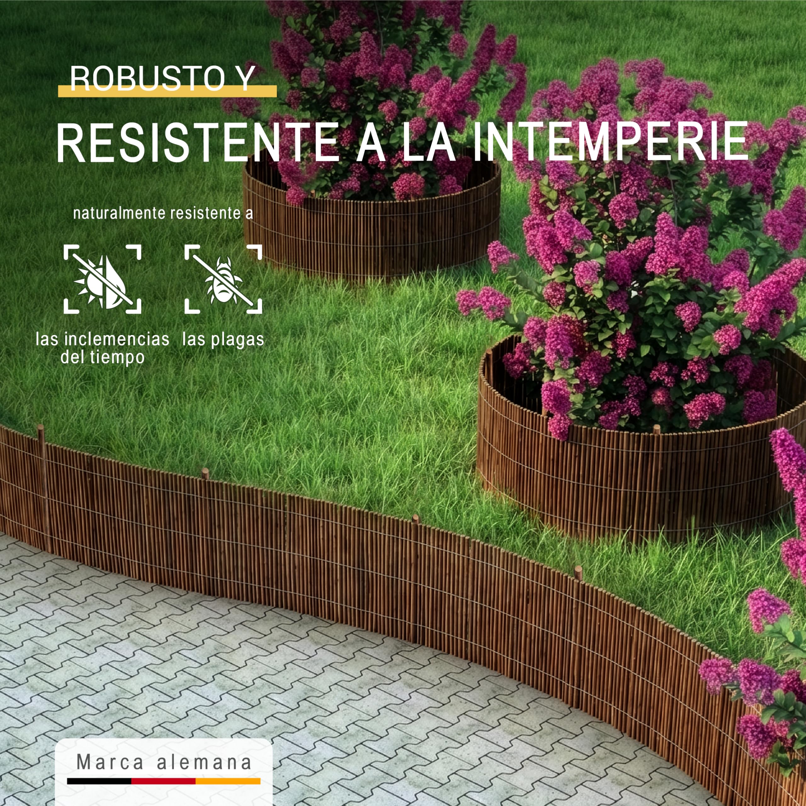 Sol Royal Bordura Jardin Exterior de Mimbre 40 cm Alto – Vallas Jardin Flexible con 7 Estacas y 14 Bridas – Borde Exterior Separador 40x300 cm – WB79