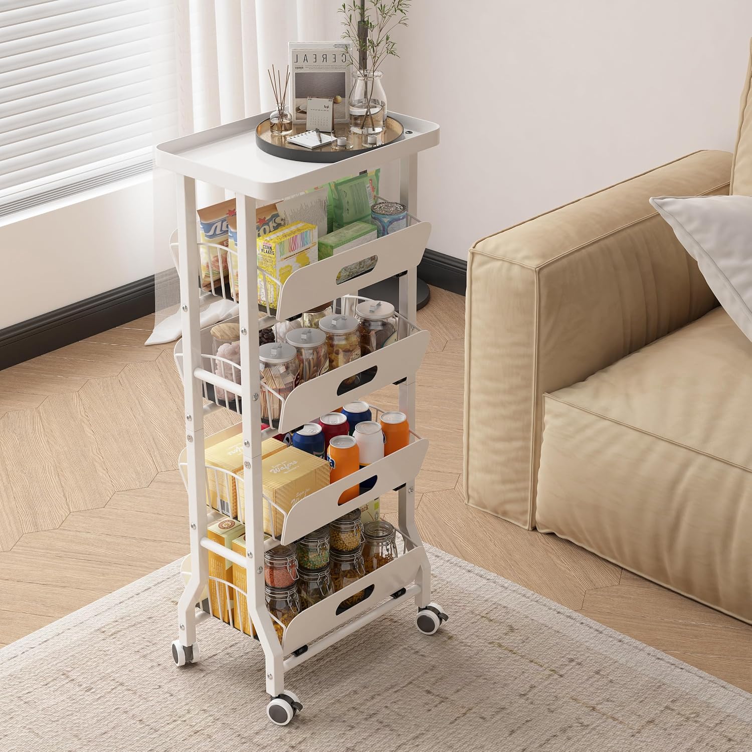 5-Tier Snack Cart with 4 Sliding Drawers and Fixed Top Shelf, Mobile Utility Organizer with Wheels for Kitchen, Office, Bathroom-White