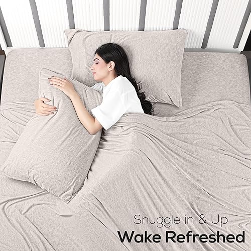 Miniatura 5 de Utopia - Juego de sábanas de algodón de punto de jersey de 4 piezas, suave, tela elástica (Queen, avena)