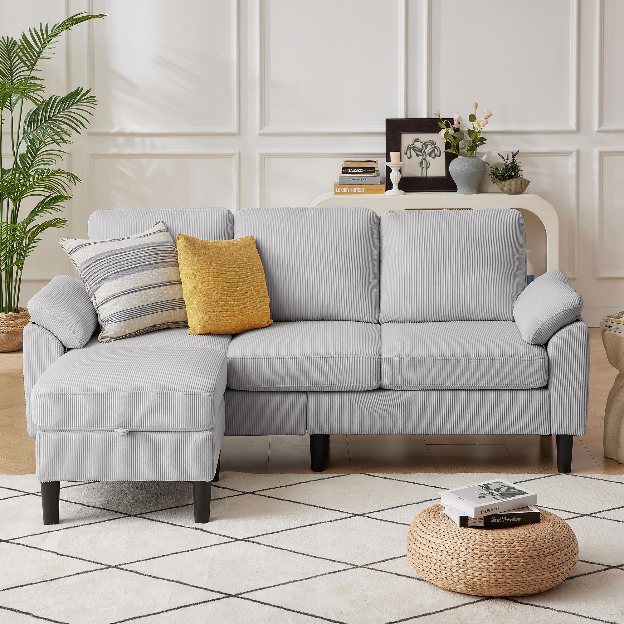 80''L Shaped Sectional Sofa Couch, 3 Seater Corduroy Sofa with Storage Ottoman, Removable &amp; Washable Cushion Covers, Side Pockets, Modern L Couch for Living Room, Light Grey