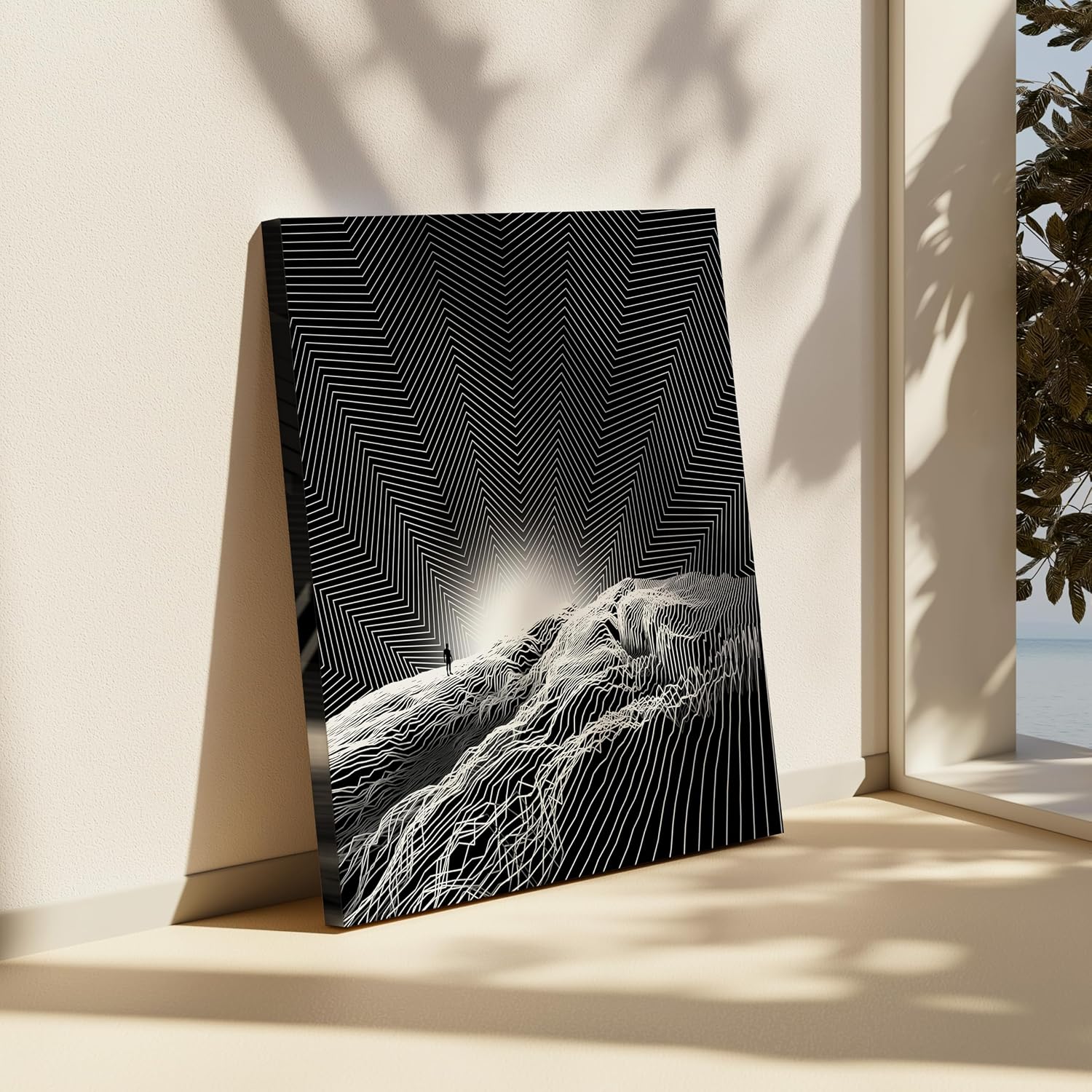 Poster Master Illusion Graphics Canvas - Abstract Landscape Print - Line Art - Modern Silhouette Design - Black and White Art - Great Living Room or Bedroom Wall Decor - 8x10 STRETCHED Canvas