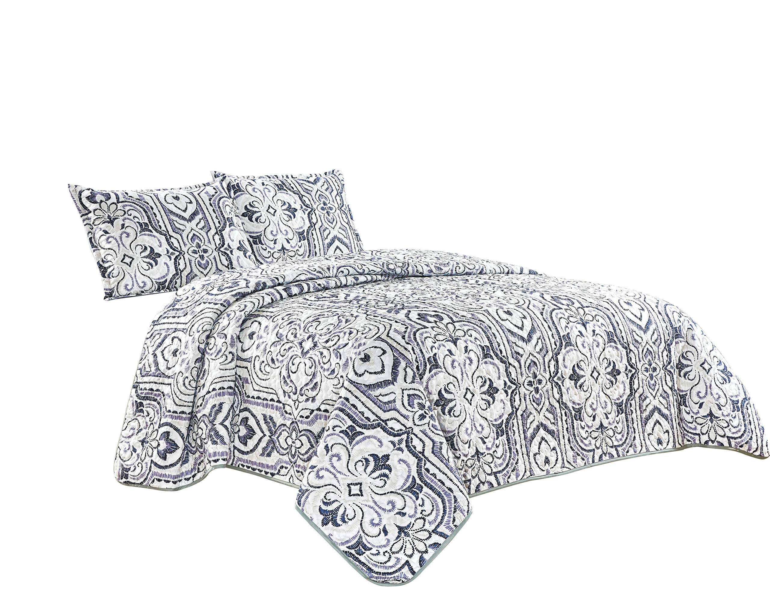 GrandLinen 3-Piece Fine Printed Oversize (115" X 95") Quilt Set Reversible Bedspread Coverlet King Size Bed Cover (White, Purple, Floral, Medallions)