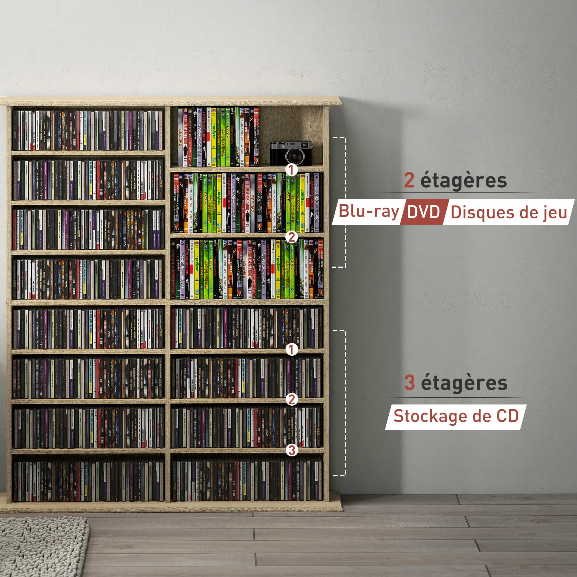 HOMCOM Contenitore per CD e DVD, contenitore multimediale con 16 scomparti e 12 ripiani regolabili, capacità massima 720 CD/396 DVD e Blu-ray, 106,5 x 24 x 123,7 cm, legno naturale