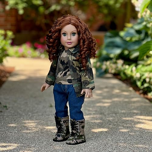 Miniatura 4 de Estilo militar: ropa de muñeca de 18 pulgadas, traje de 4 piezas, chaqueta de camuflaje, camiseta, jeans elásticos y botas de camuflaje (muñecos no