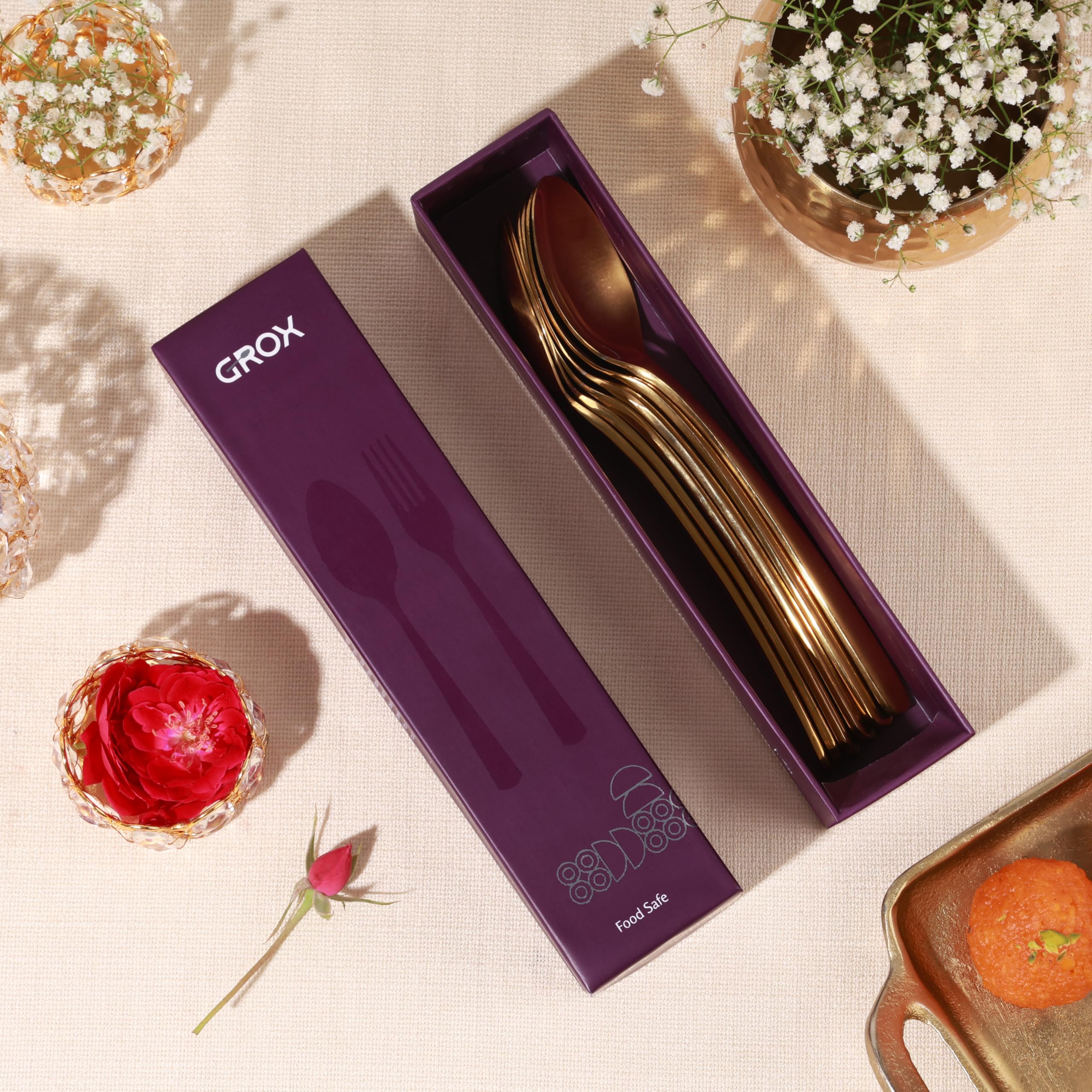GROX Curve Medium Spoon - Set of 6 | Gold | 17 cm | 304 Stainless Steel 18/8 | Elegant Dining Spoon